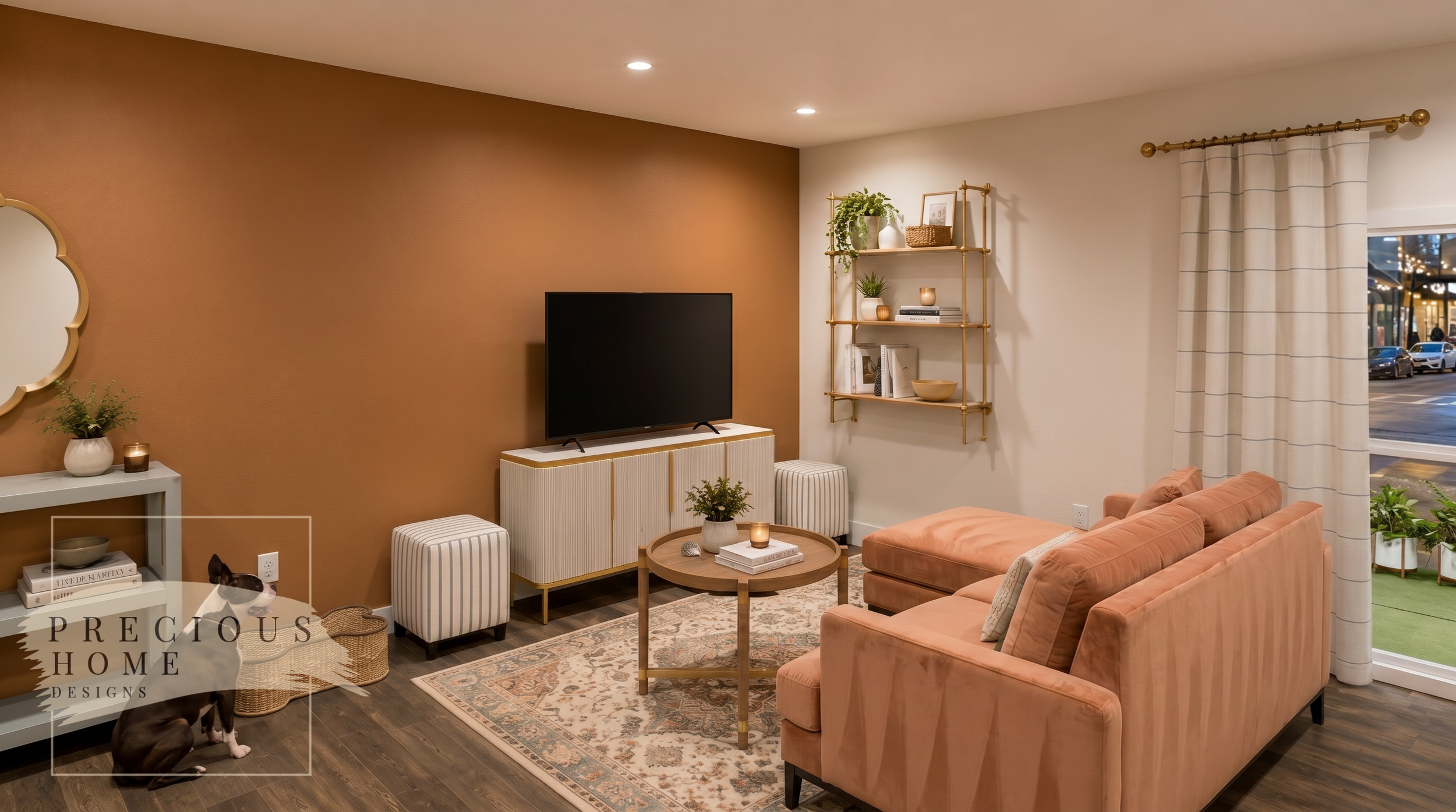 This living room blends comfort and sophistication through warm earth tones, textured fabrics, and carefully selected furnishings. The statement accent wall creates depth while the layered accessories and flexible seating arrangement support both eve