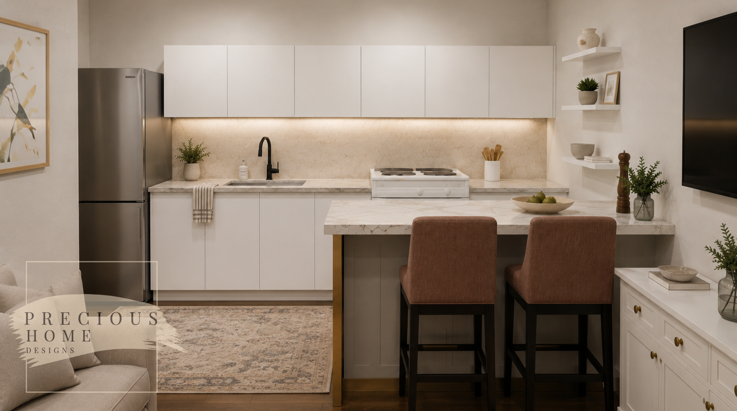 Custom-designed tiny house kitchen featuring modern cabinetry, quartz-inspired countertops, integrated dining, and open-concept living. Created for a boutique bed and breakfast property, this hospitality-focused interior maximizes storage, functional