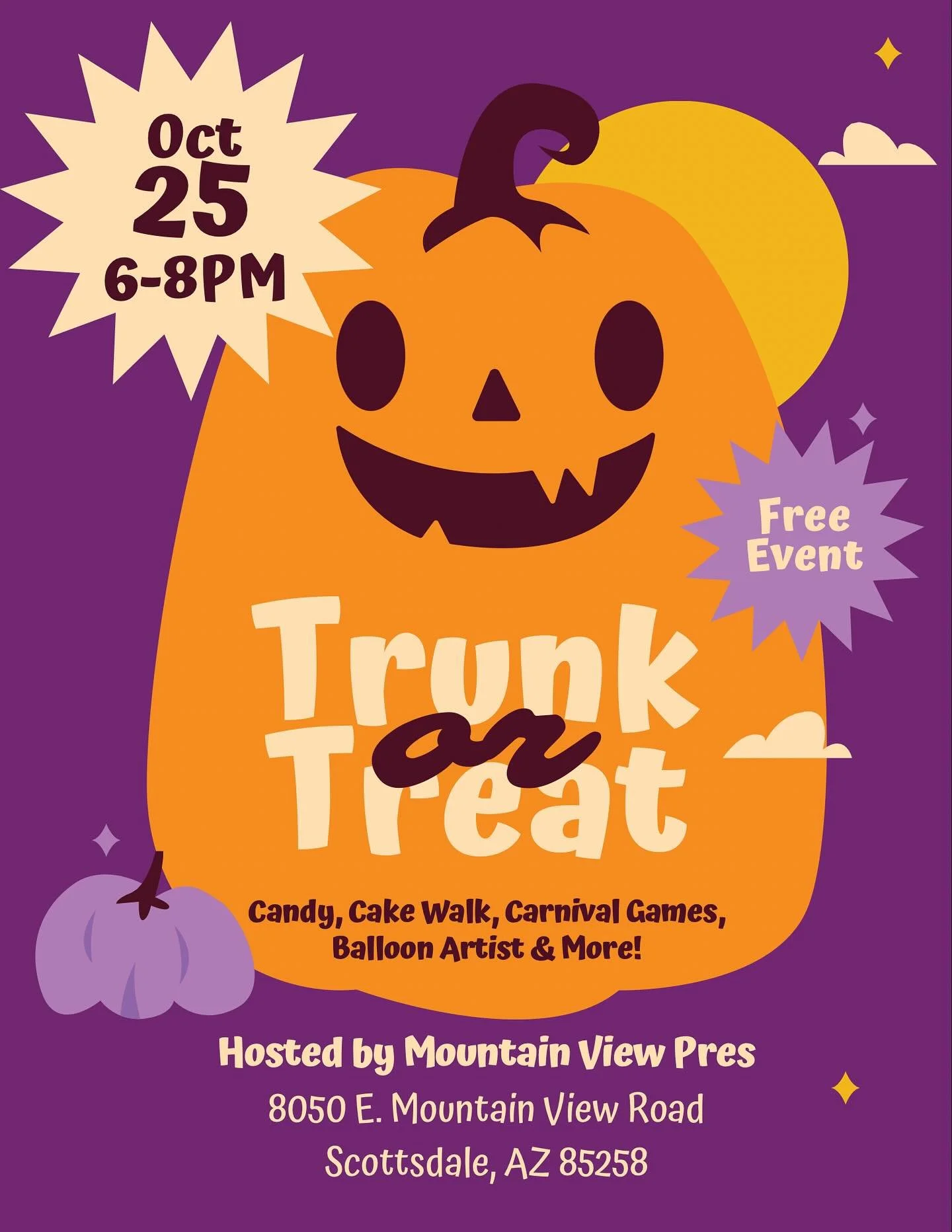🎃 Trunk or Treat is almost here! 👻
Join us this SATURDAY from 6&ndash;8pm for a night full of family fun at Mountain View Presbyterian Church!

🚗 Parking Reminder: Please enter off Hayden Road &mdash; not Mountain View!
🌭 Dinner: Meal tickets are