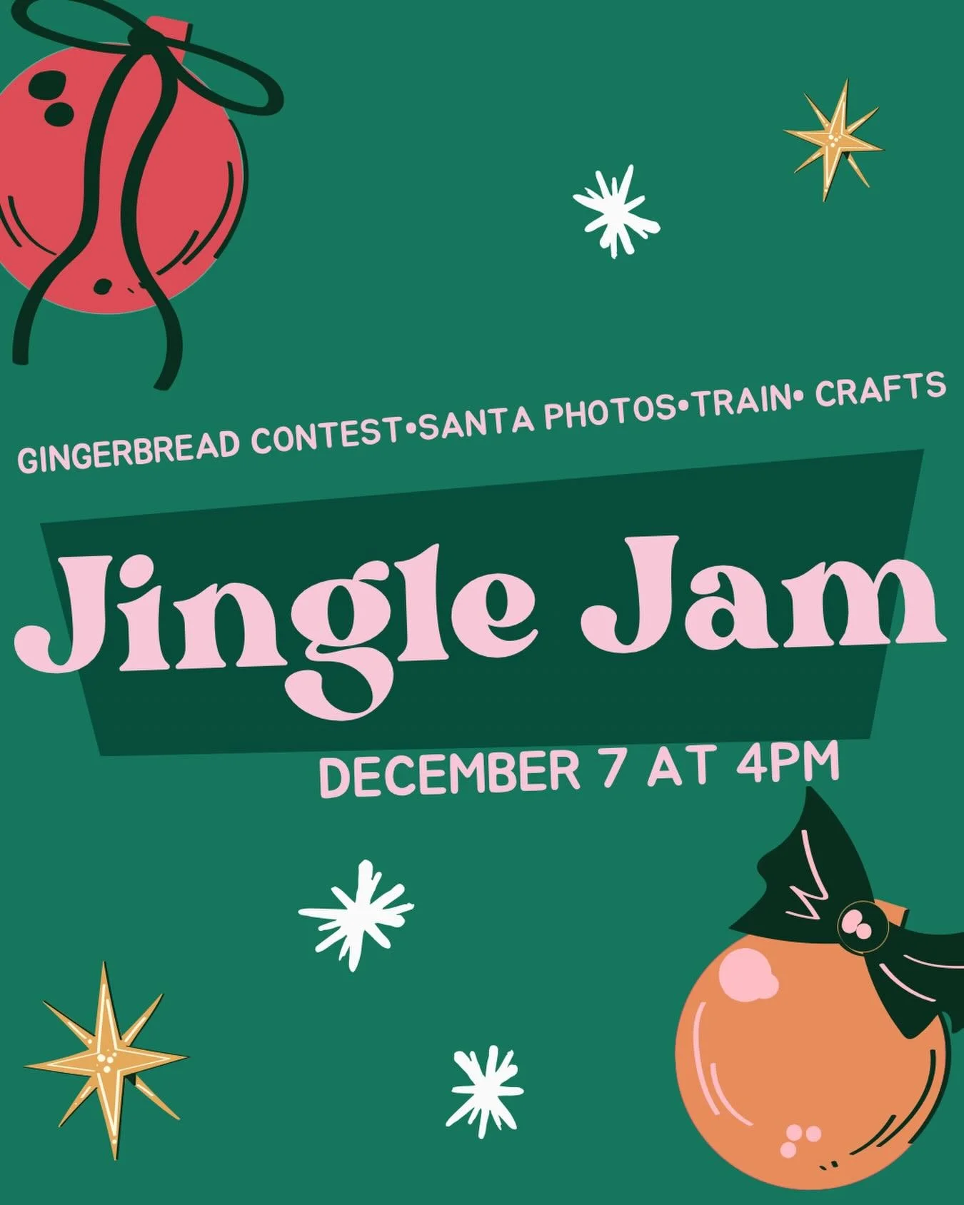 🎄✨ JINGLE JAM IS ALMOST HERE! ✨🎄
It&rsquo;s the most wonderful time of the year!

THIS Sunday from 4&ndash;6pm, our courtyard turns into a full-on Christmas wonderland:
🚂 Trackless train rides
🎅 Photos with Santa
🏆 Our epic gingerbread house com
