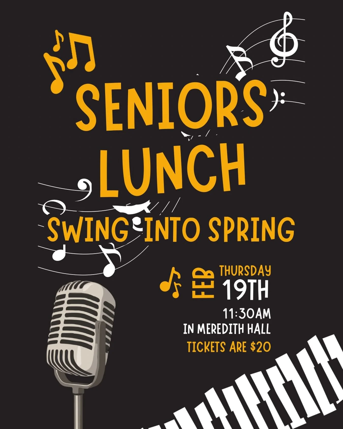 🎷 Seniors Lunch: Swing into Spring! 🌸
Step back into the charm of the 1920s with us on Thursday, February 19 at 11:30am in Meredith Hall!

Enjoy a delicious lunch, sweet fellowship, and live jazz music from the fabulous @mcalvoni.jazz . We&rsquo;ll