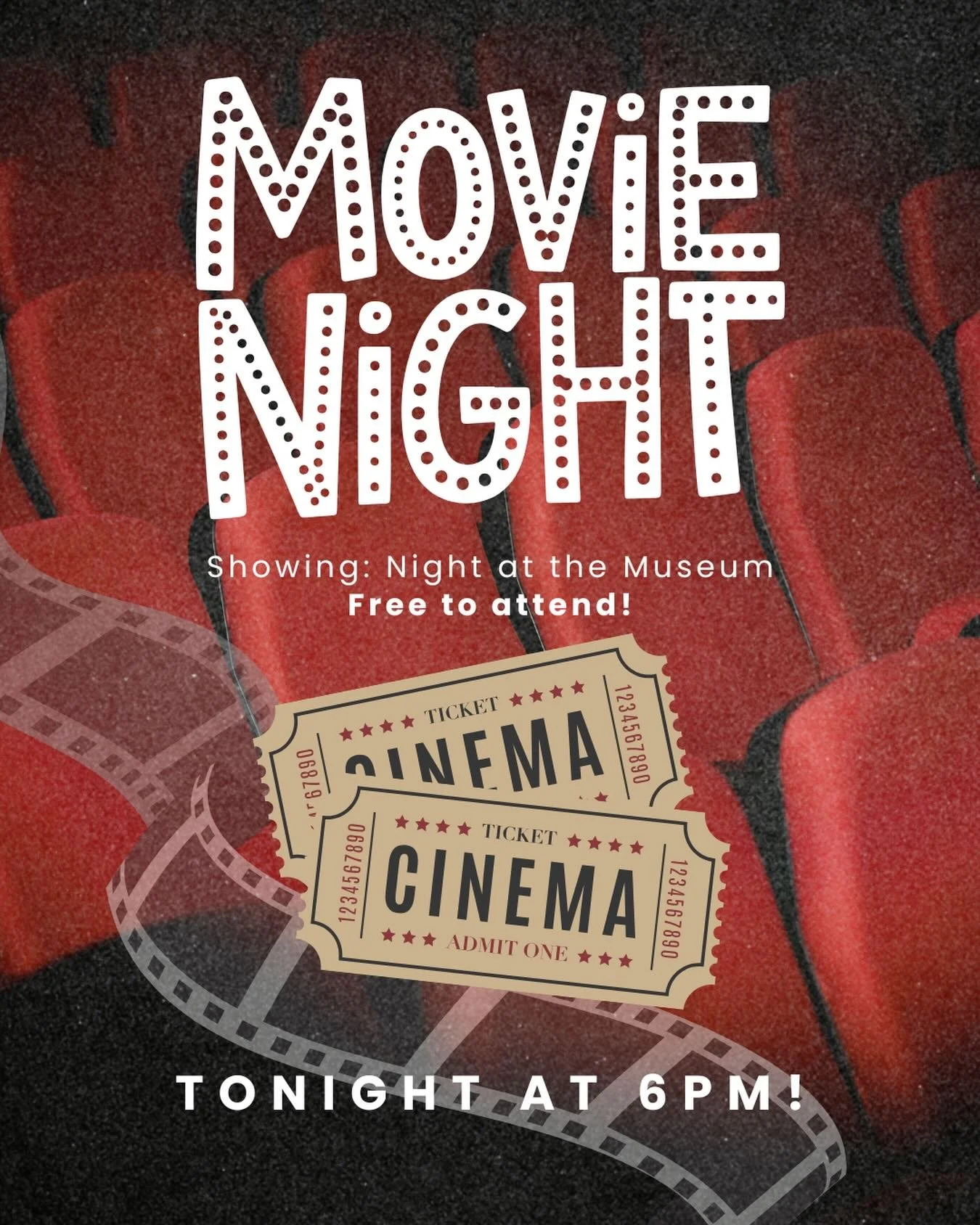🎬🍿 Family Movie Night &ndash; TONIGHT!!
6-8PM in Meredith Hall

We&rsquo;re showing Night at the Museum! Bring your chairs, beanbags, and blankets and get cozy.

FREE popcorn &amp; lemonade 🍿
Pizza $1/slice 🍕
Candy $1/box 🍫