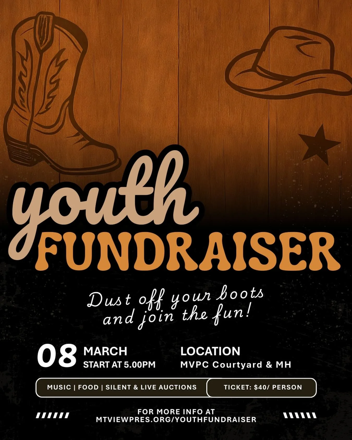 Youth Fundraiser Auction
Sunday, March 8, 2026

We are excited to invite you to an unforgettable evening filled with good food, great music, and the opportunity to support our youth! Our upcoming fundraiser, themed &ldquo;Boots, Bidding &amp; BBQ,&rd