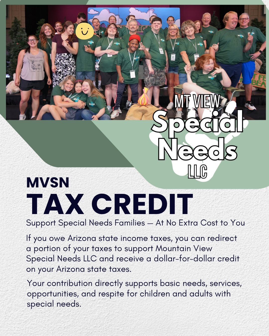 On Arizona Gives Day, we have the chance to make a lasting impact by supporting Mountain View Special Needs (MVSN), a ministry of Mountain View Presbyterian Church serving adults with special needs.

Your gift today may also qualify for the Arizona C