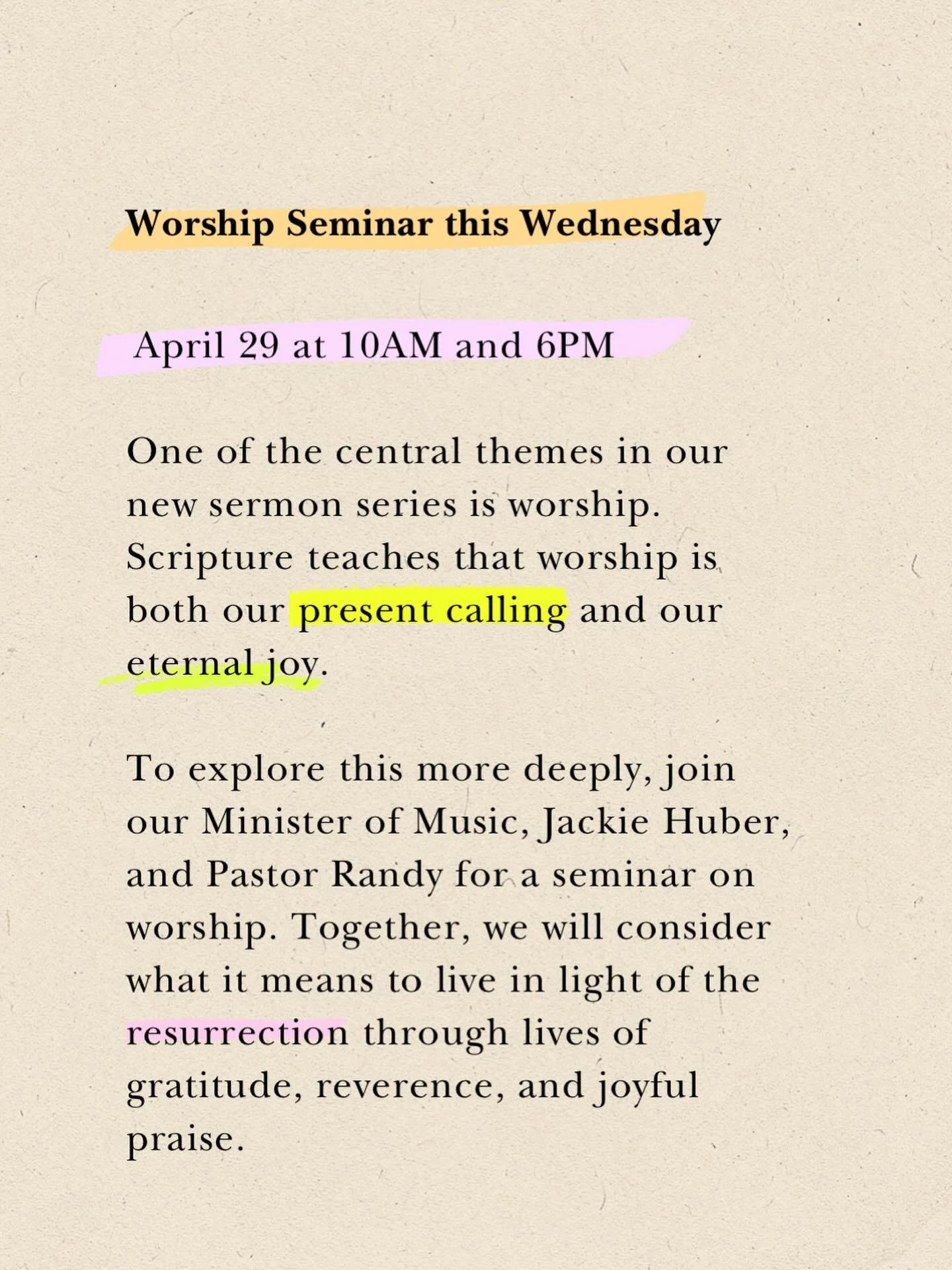 Worship isn&rsquo;t just something we do&mdash;it&rsquo;s who we are becoming.

As we walk through our new series, we&rsquo;re exploring how worship shapes both our everyday lives and our eternal hope. Join us for a special seminar as we dig deeper i