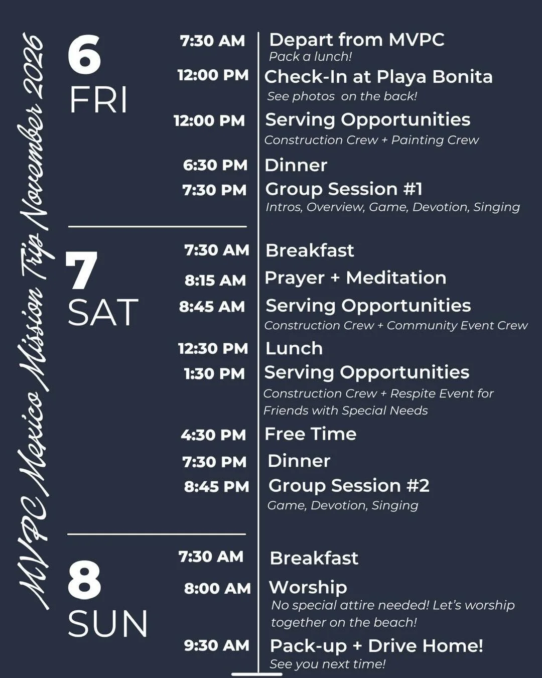 MVPC is planning to send a team to Rocky Point November 6-8 to partner with OC3AN VIEW Ministry. We have new lodging accommodations in Rocky Point, and we are staying right on the beach!

Here is the general schedule for the weekend (These times are 