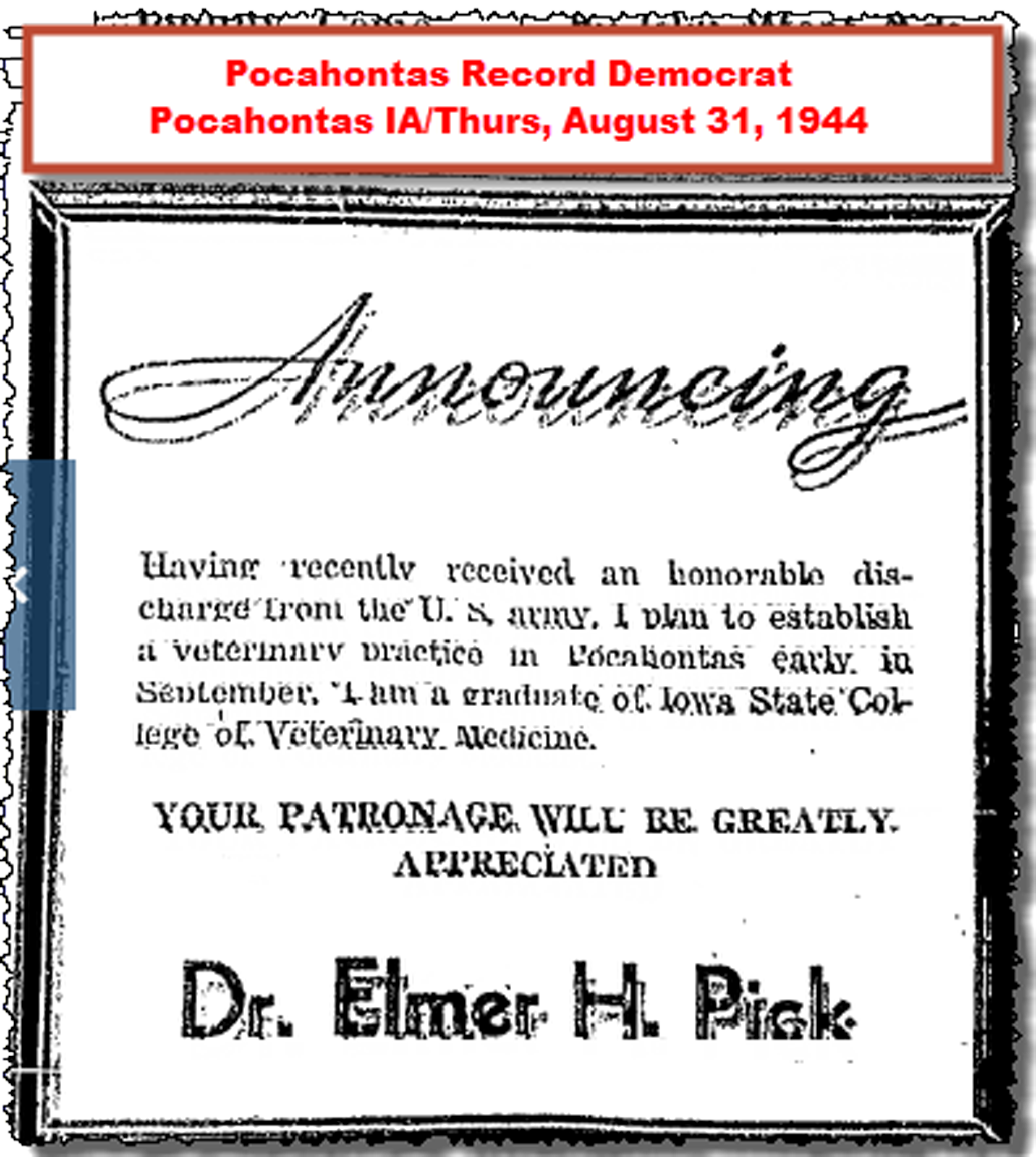 1944 Pick 22 EH open vet practice Pocahontas IA Aug 31.png
