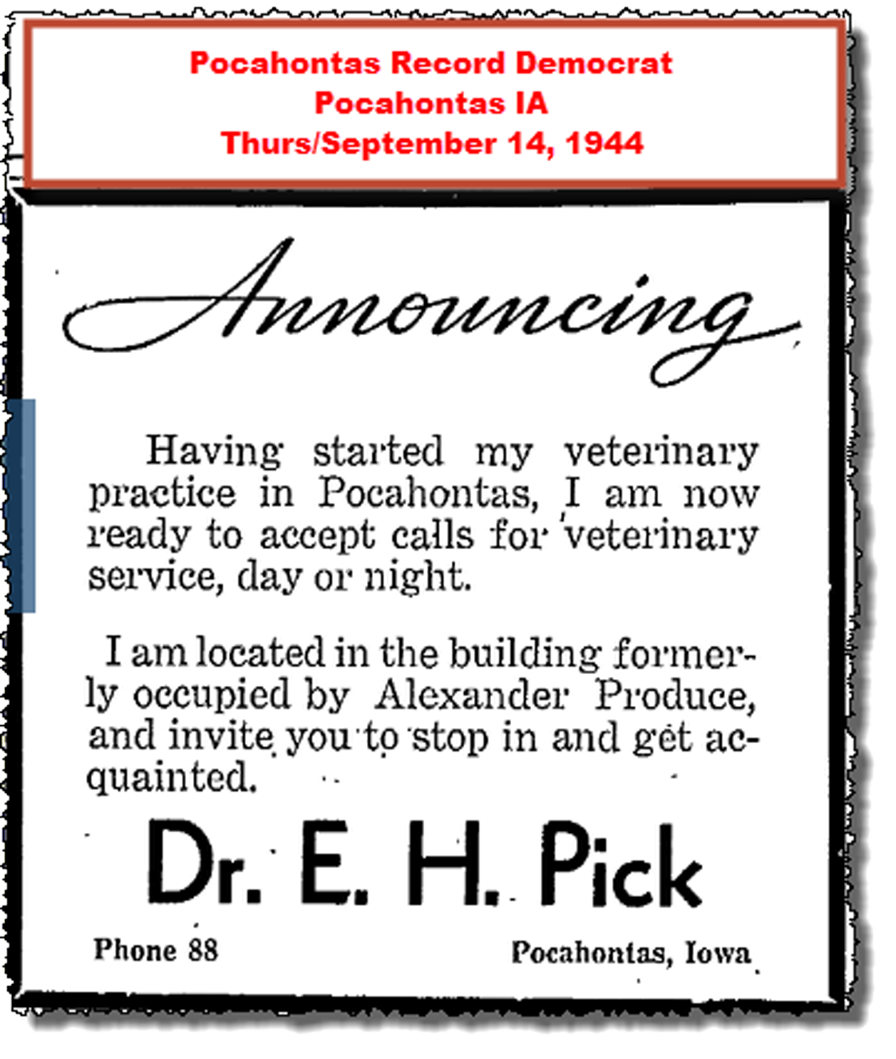 1944 Pick 24 EH ad for vet practice Pocahontas IA Sep 14.png