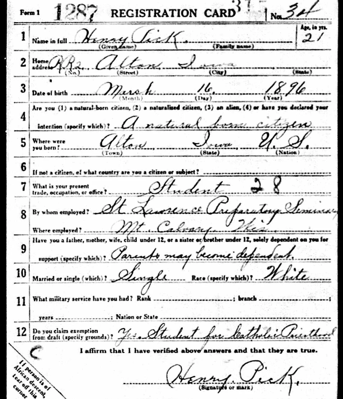1917 WWI Draft Registration - Page 1