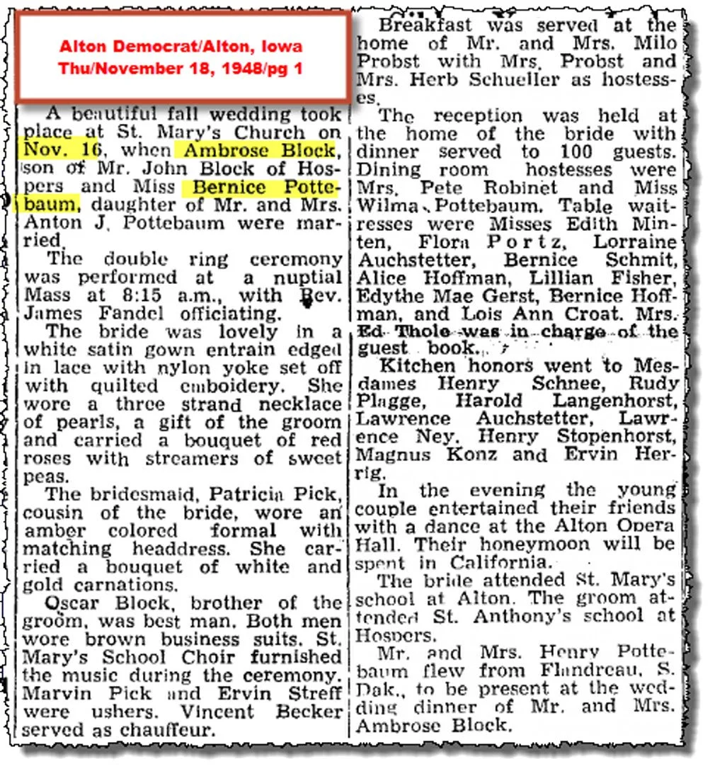 1948 Block Ambrose Bernice Pottebaum m Nov 16.jpg