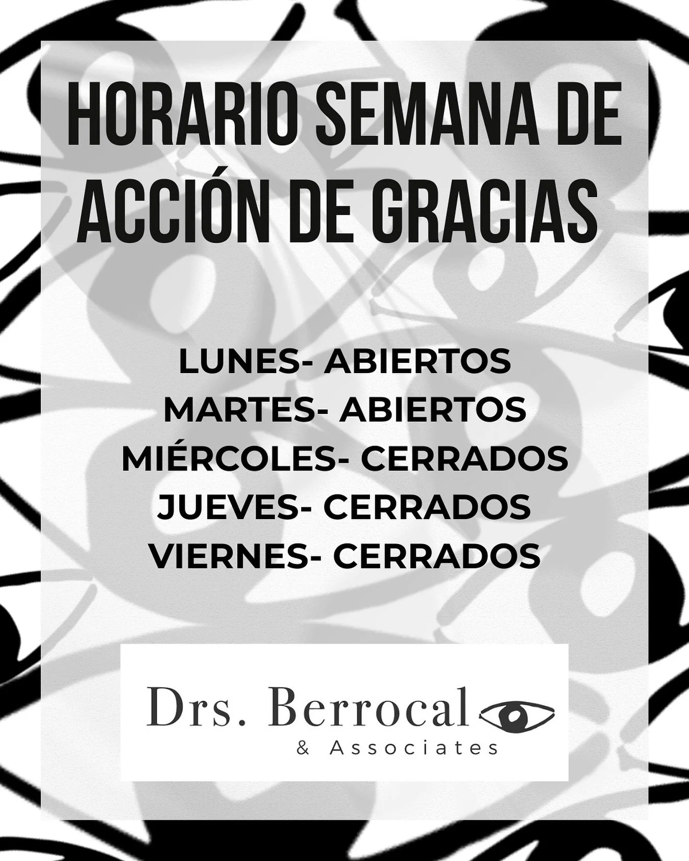 ✨ Horario especial de Acci&oacute;n de Gracias✨
Esta semana estaremos operando con un horario modificado para que nuestro equipo pueda disfrutar de este tiempo festivo con sus seres queridos.

🗓️ Lunes &amp; Martes: Abiertos
🗓️ Mi&eacute;rcoles a V