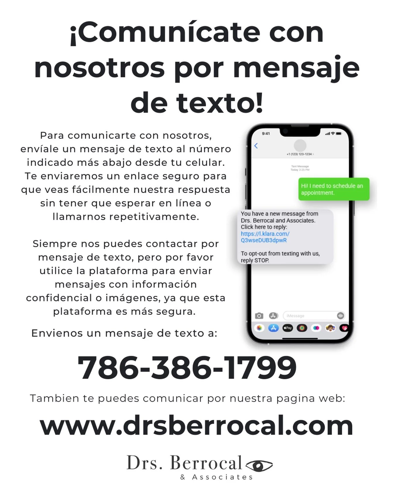 Sabes que ahora nos puedes escribir por mensaje de texto seguro? Guarda nuestro nuevo n&uacute;mero de texto 👁️🇵🇷
💬 786-386-1799