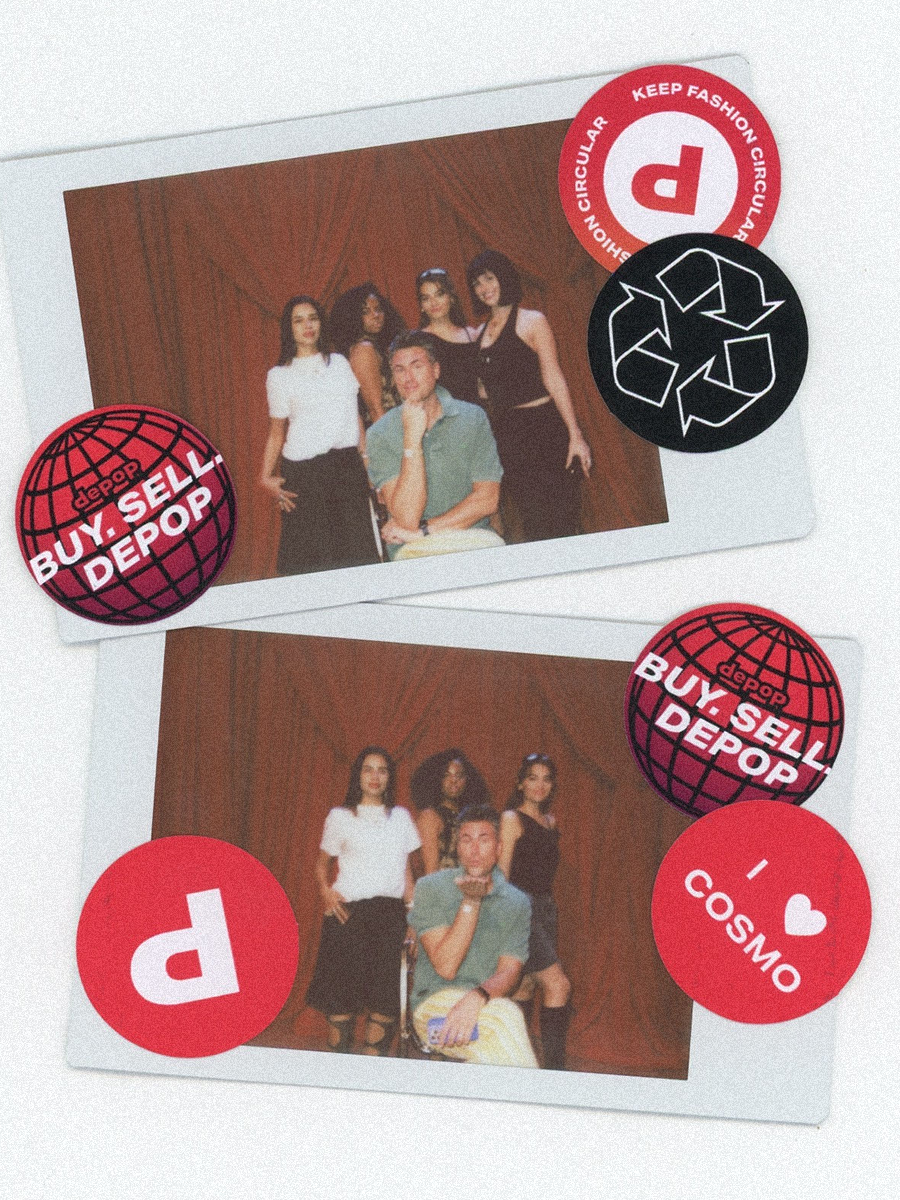 Two photo booth strips showing a group of five young adults posing together against a red curtain backdrop, with various colorful social media-style stickers advertising DEPOP and COSMOPOLITAN around the photos.