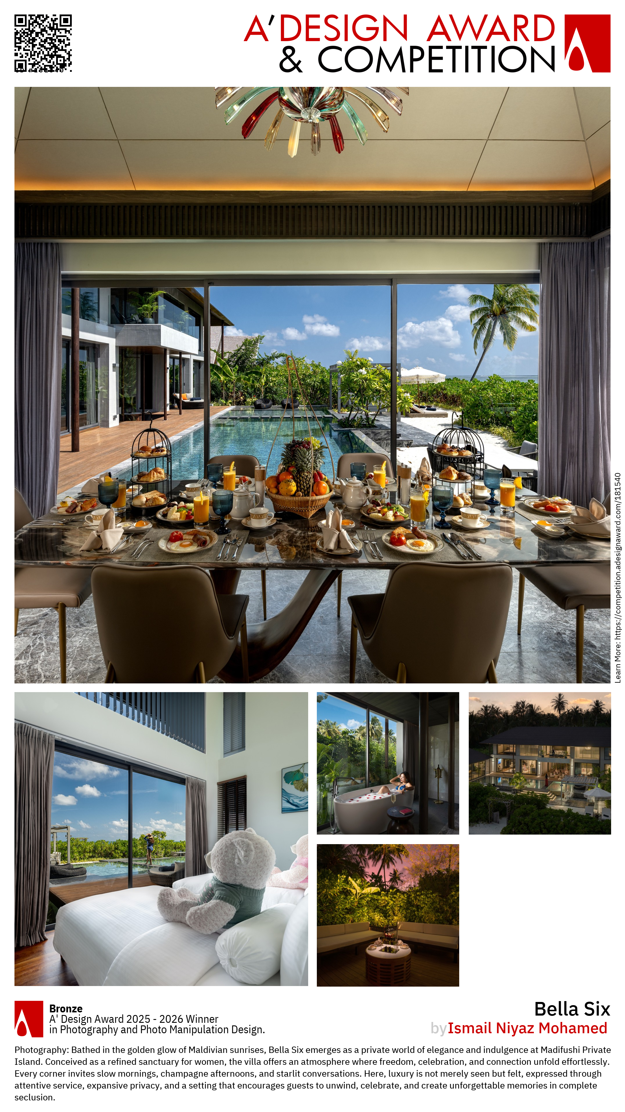 A luxurious interior featuring a dining table set with breakfast items, overlooking a poolside view with tropical greenery and a sunset sky.