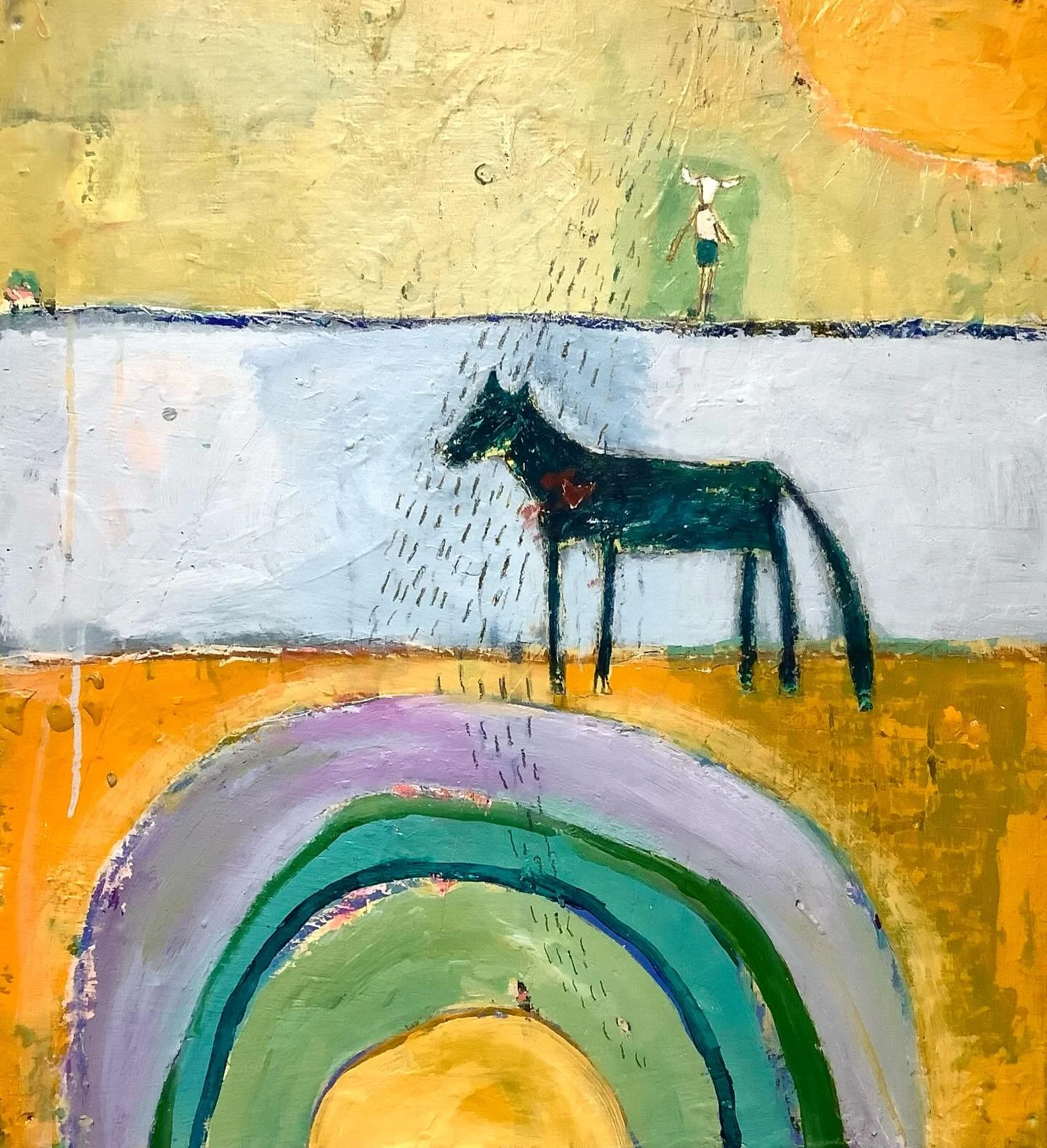 &ldquo;There&rsquo;s a Rainbow Somewhere&rdquo;

Alternate title

&ldquo;My Heart is Open Wide but the Bleedings Hard to Stop&rdquo;

Or &ldquo;Buffalo Bride Revisited&rdquo; 

So tell me my friend, Which title ? 

Mixed media on panel
22&rdquo;x24&r