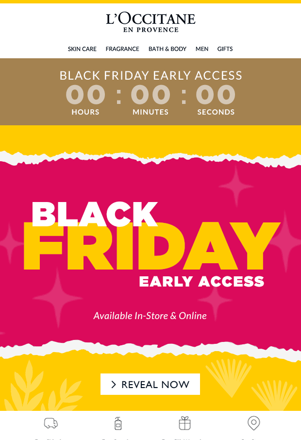 * Click to enlarge *
Teaser email for Black Friday. Features live countdown banner and gif.