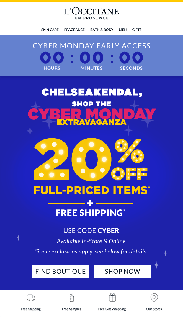 * Click to enlarge *
Cyber Monday email featuring typographical animation to further enhance the promotion.