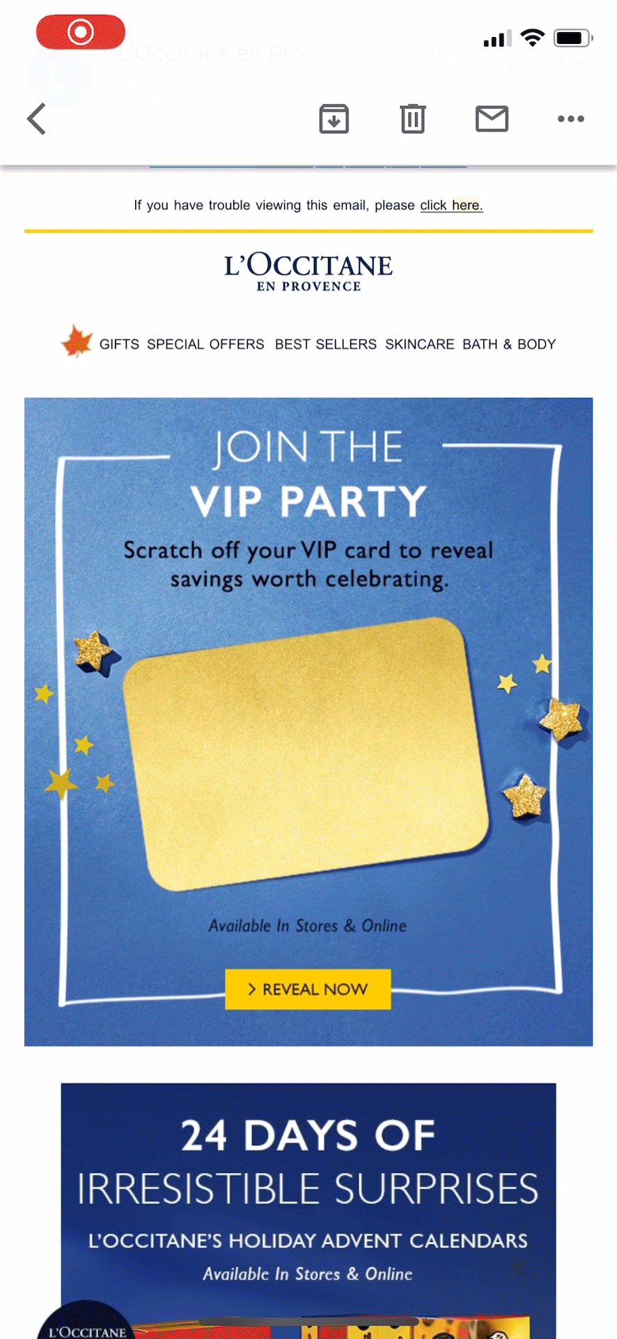 * Click to enlarge. Then click on gold card to 'scratch off' *
Email featuring a "scratch off card" capability enabled by our partnership with external agency Moveable Ink.