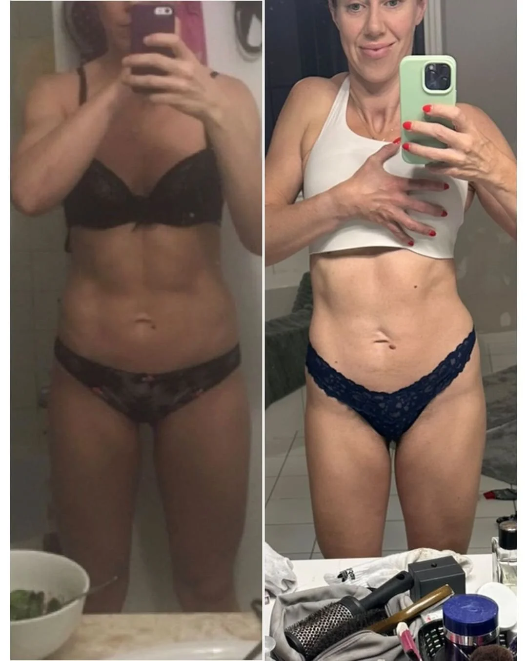 Side-by-side mirror selfies of a woman showing her body progress, taken in different bathrooms. The left photo shows her in black lingerie, and the right in a white top and navy underwear, smiling, with various personal items on the bathroom counter.