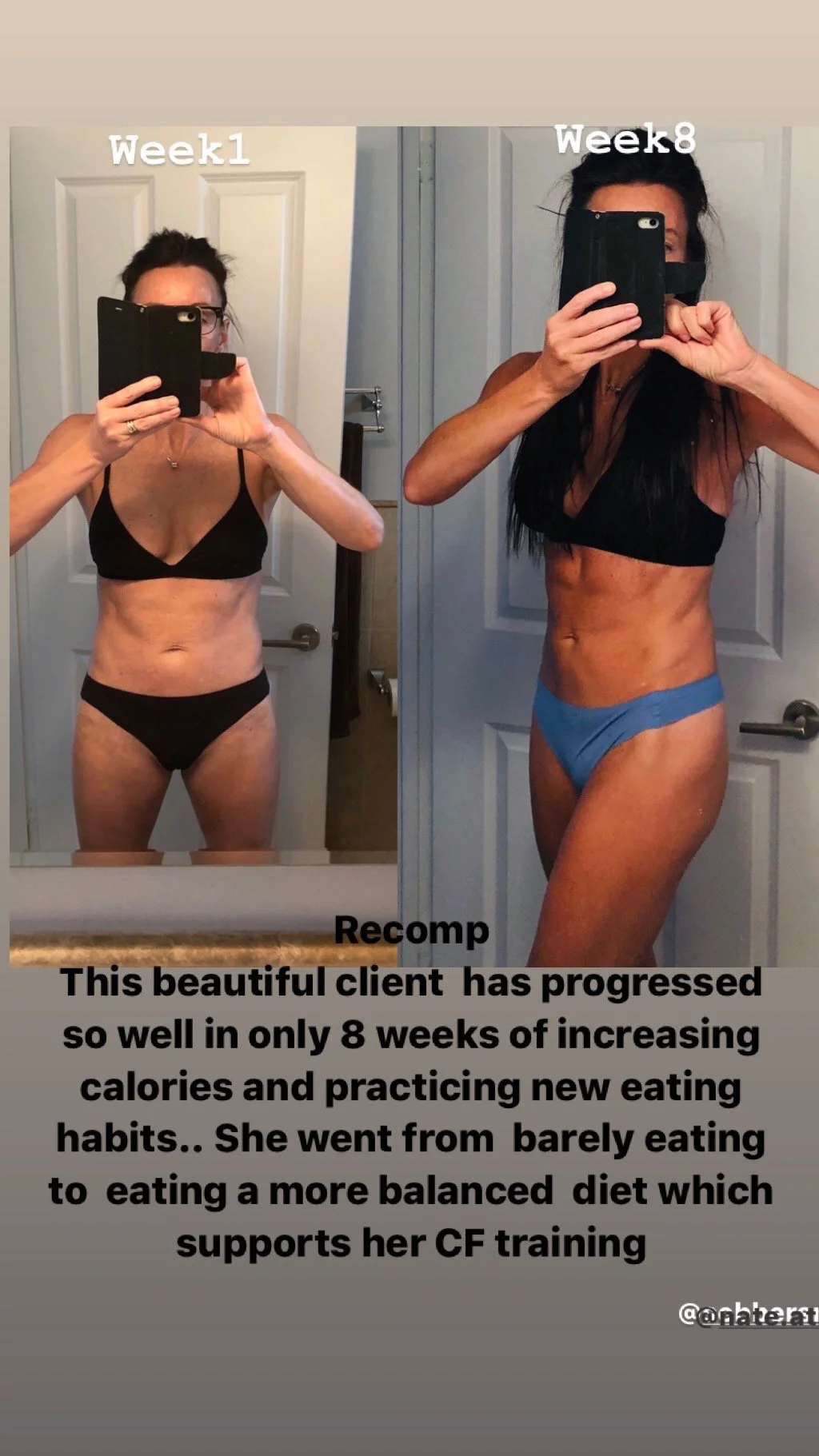 Side-by-side mirror photos of a woman showing her progress from week 1 to week 8 of her fitness journey, with a caption describing her achievements.