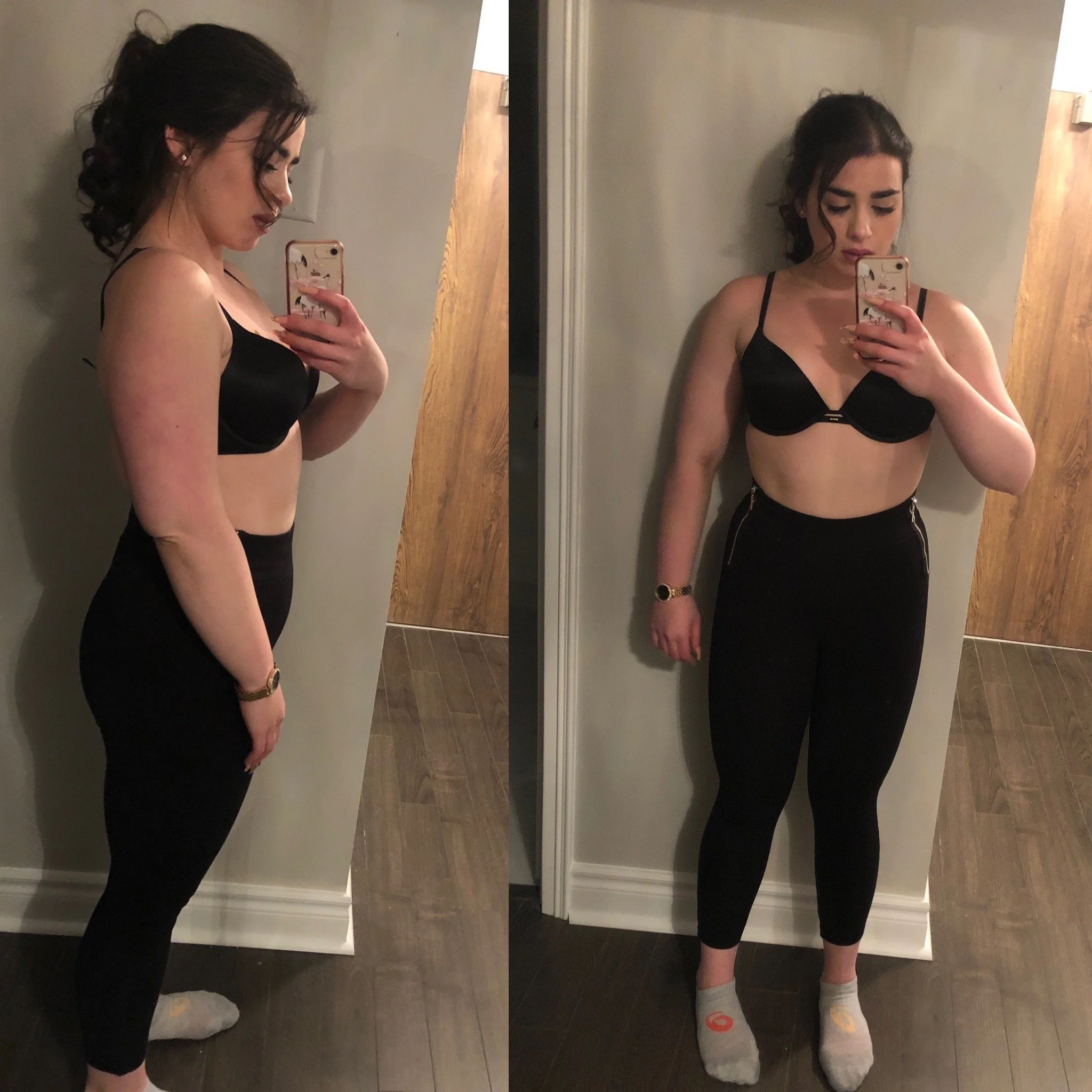 A woman taking mirror selfies in two different poses, wearing a black bra and black high-waisted pants, in a room with a wooden door and beige walls.