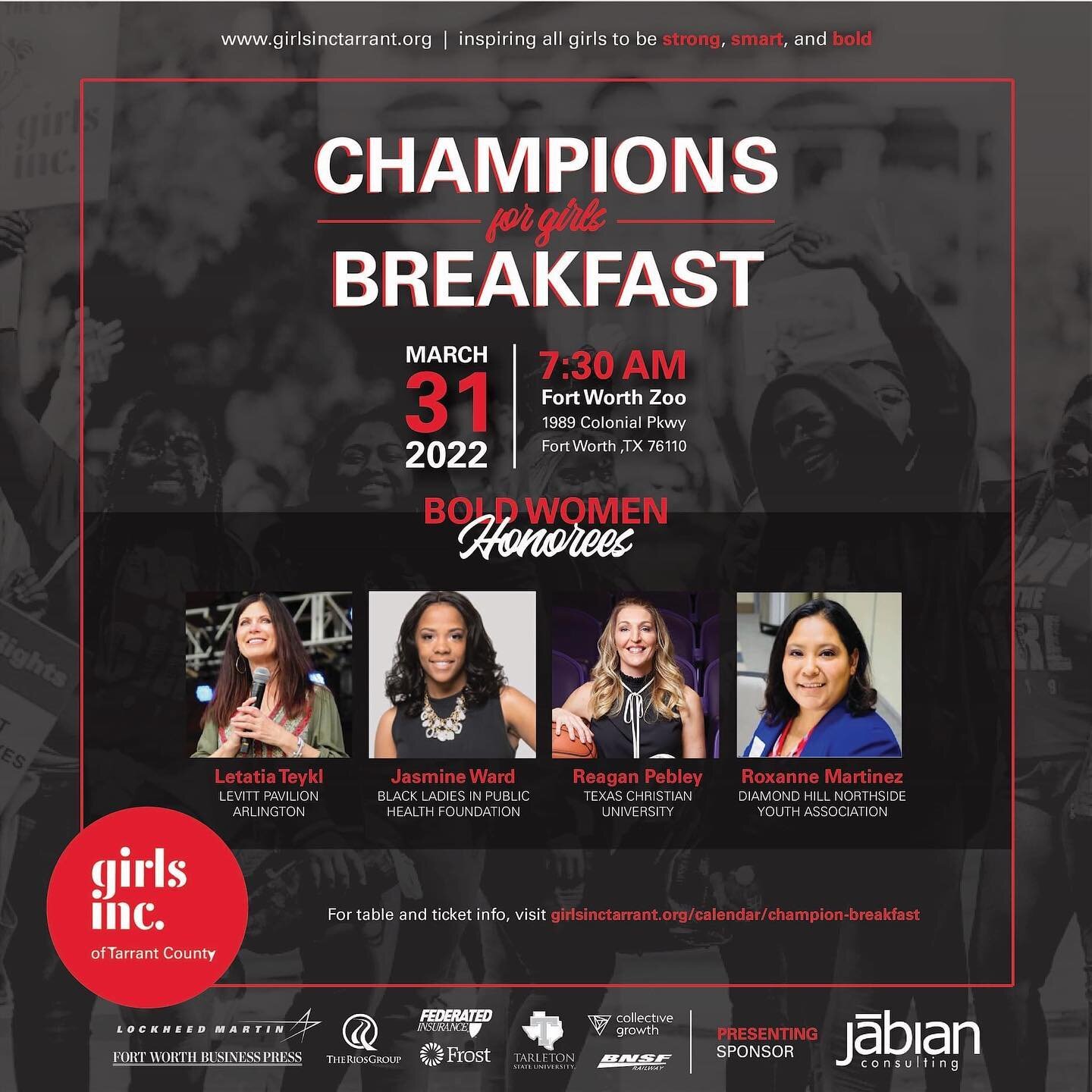 So honored to be back a second year to emcee this special event benefitting @girlsinctarrant. We&rsquo;ll be celebrating the 2022 BOLD WOMEN: Letatia Teykl, Jasmine Ward, Coach Reagan Pebley and Roxanne Martinez! 🥳 Hope you can join us on March 31st