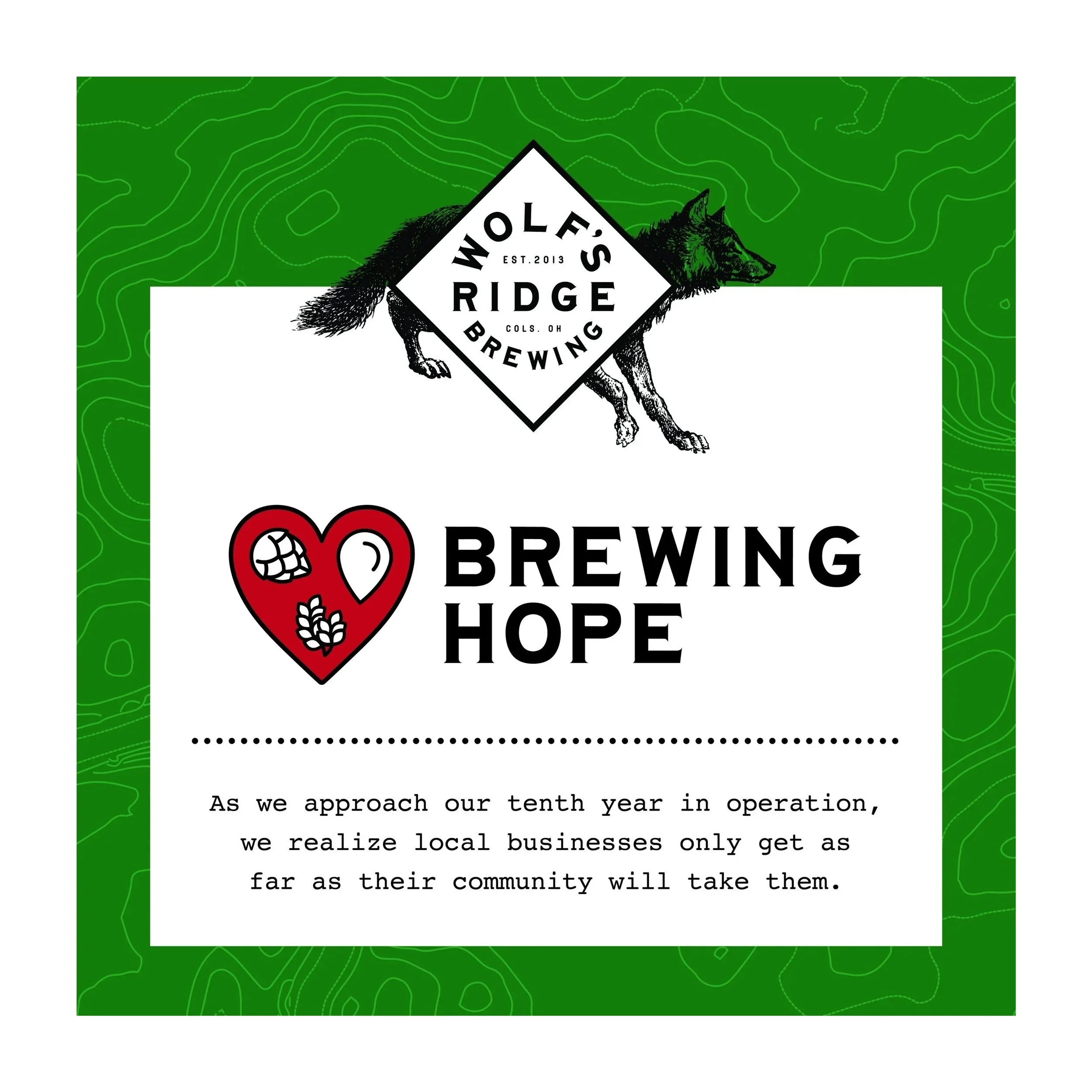A promotional graphic for Wolf's Ridge Brewing featuring a black wolf silhouette, a red heart with hop and barley symbols, and text about their tenth year in operation and support for local businesses.