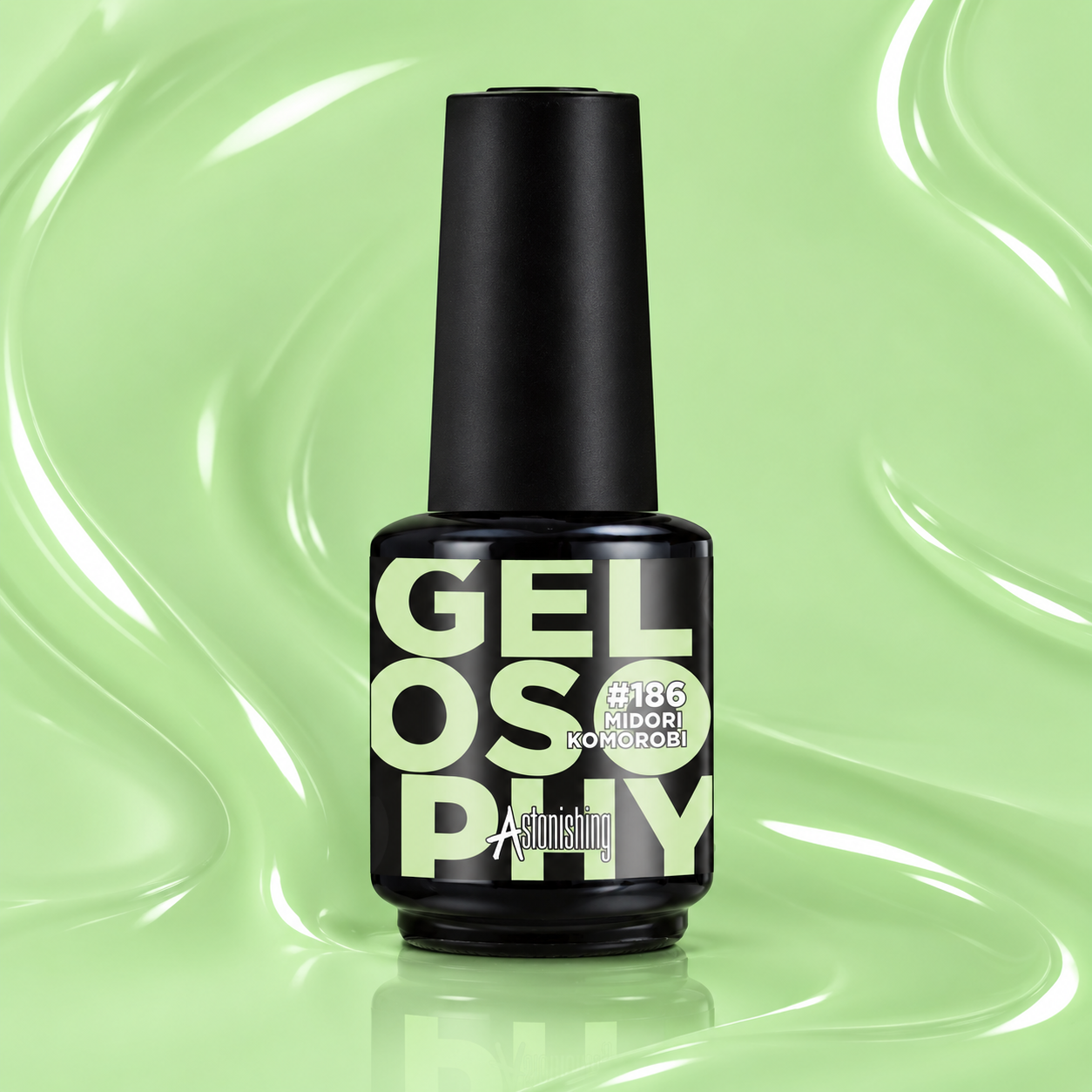 Gelosophy #186 Midori Komorobi pastel mint green gel polish shown on glossy almond-shaped nails