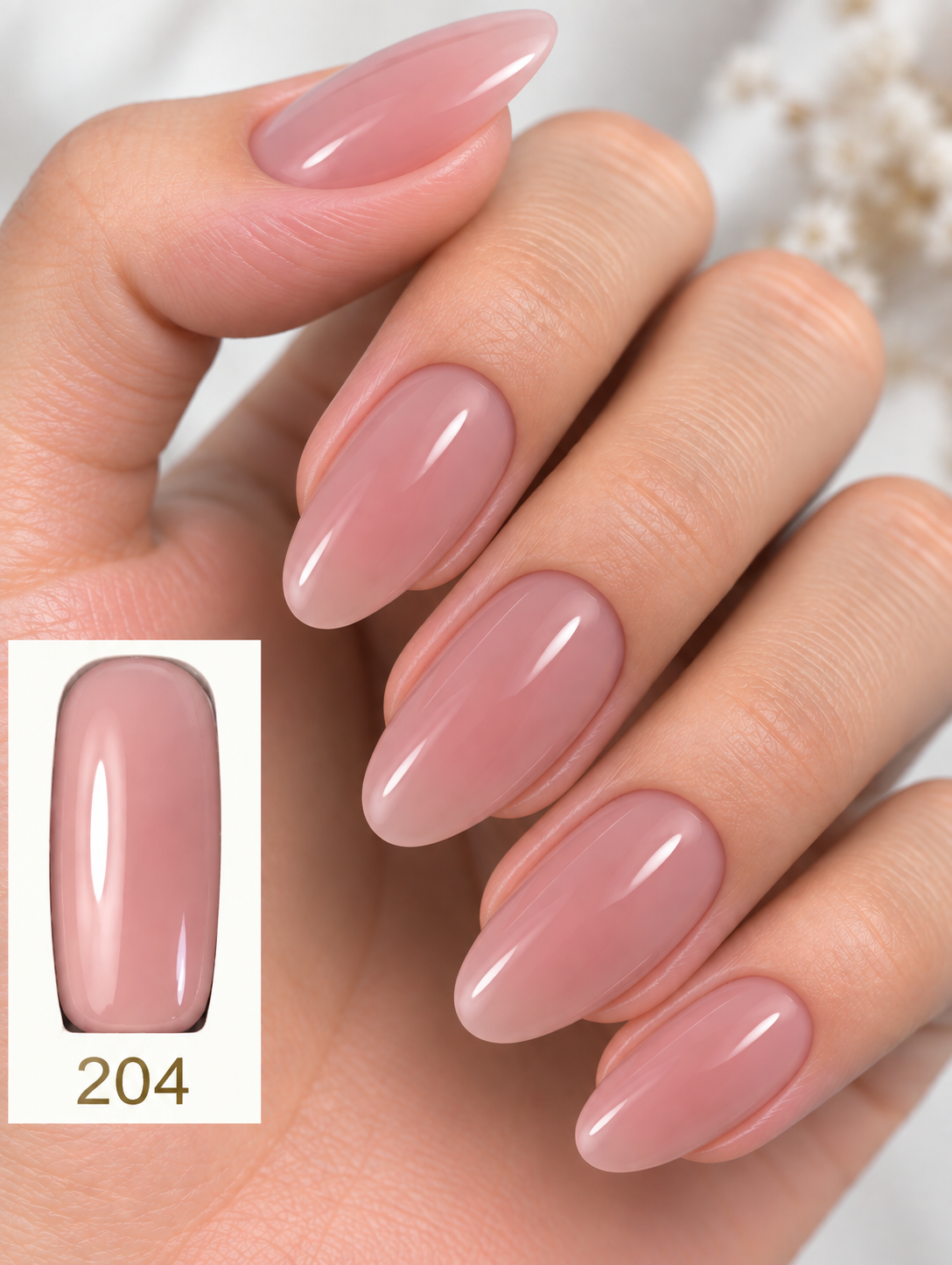 Gelosophy #204 Bare Mirage sheer rose pink gel polish on almond nails