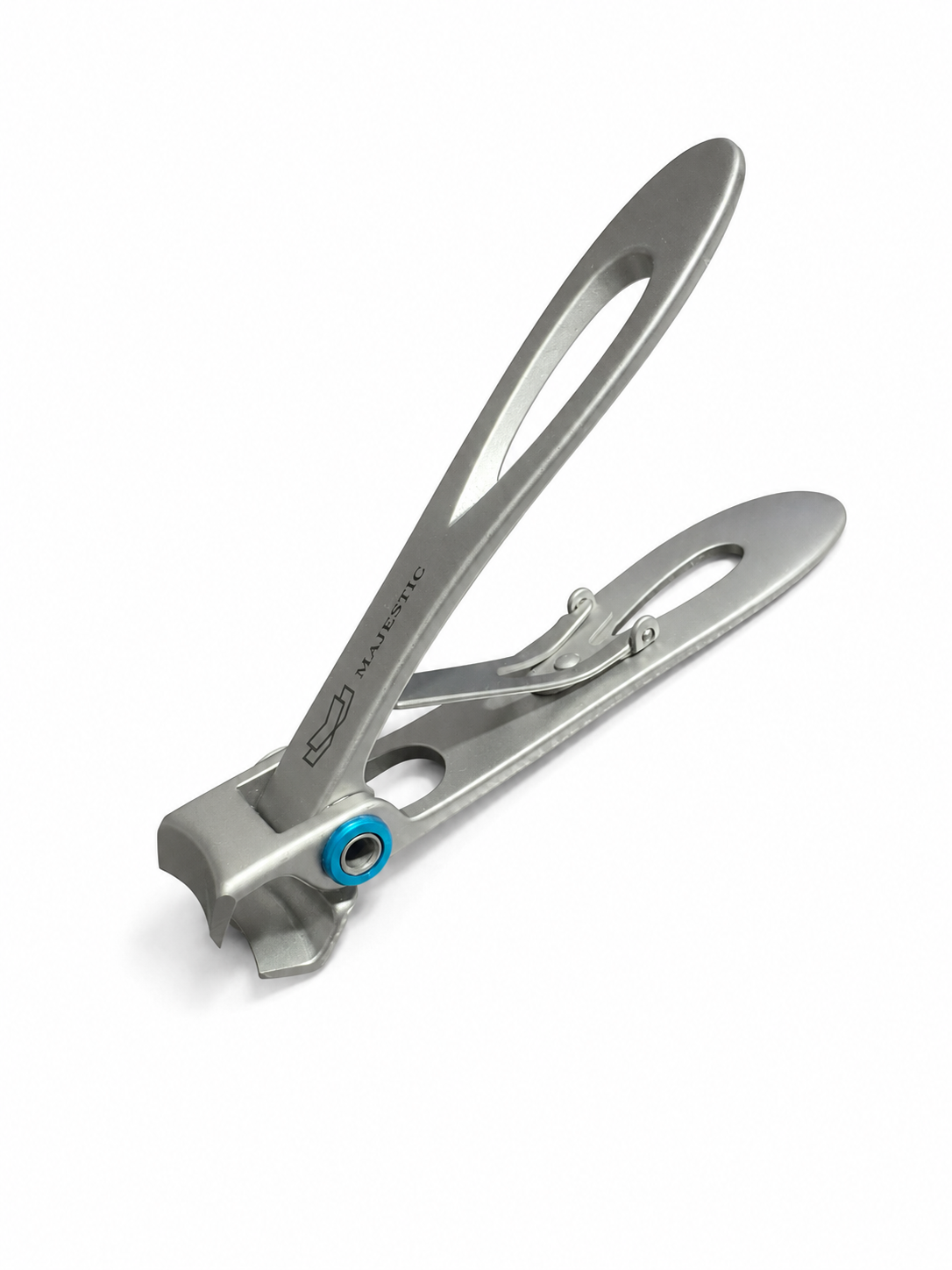 Majestic Pro titanium-coated nail clipper for thick nails, silver finish, angled view showing curved jaw