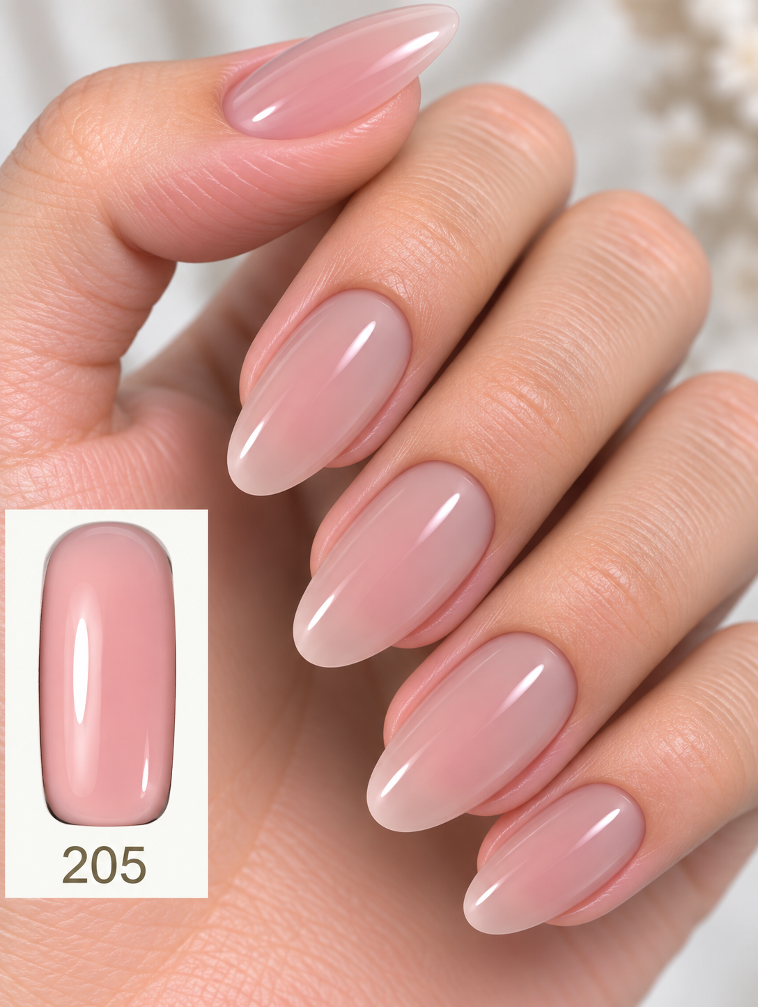 Gelosophy #205 Luminous Blush sheer blush pink gel polish on almond nails
