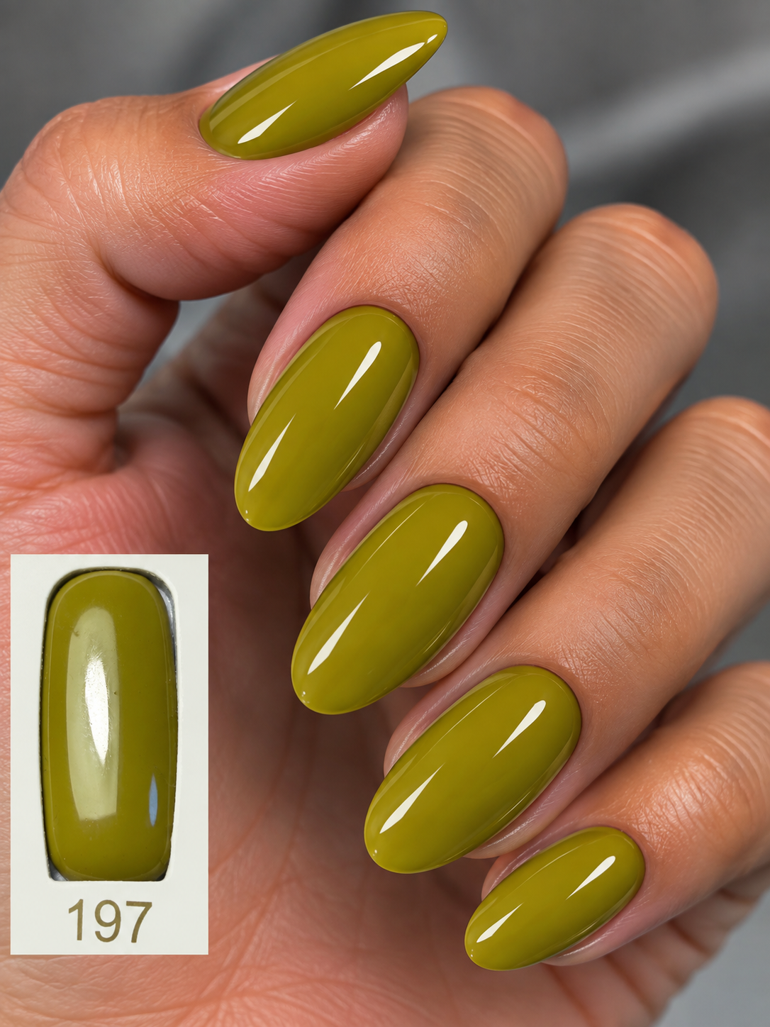 Gelosophy #197 Botanic Code bold khaki green gel polish on almond nails