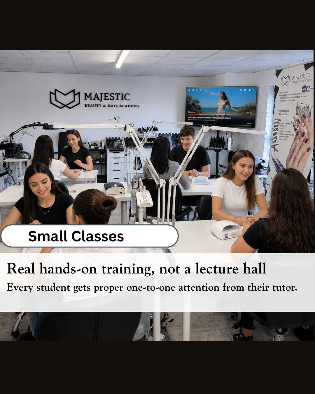 Small group nail and beauty training class at Majestic Beauty & Nail Academy.