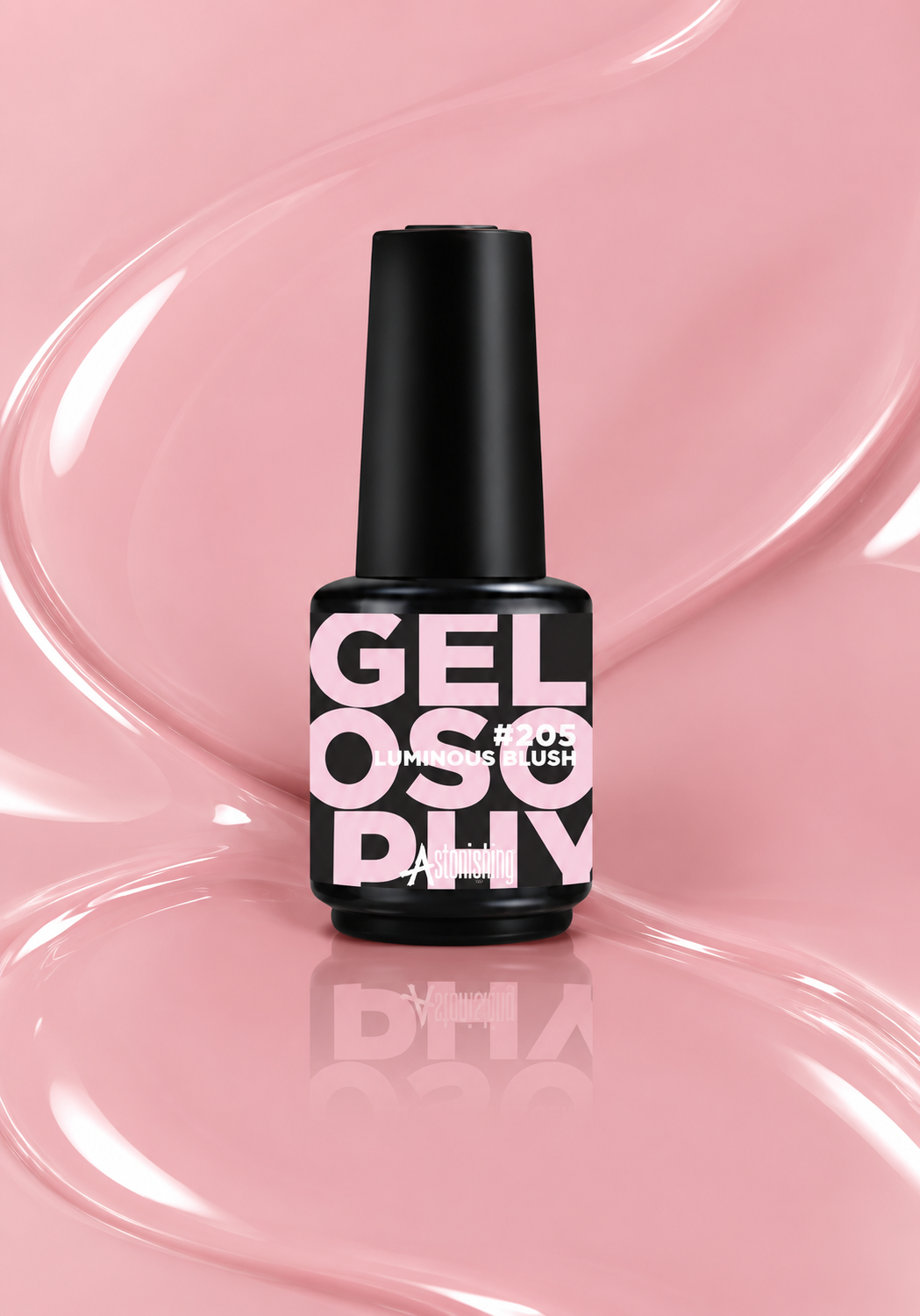 Gelosophy #205 Luminous Blush sheer blush pink gel polish bottle, Sheer Horizon collection