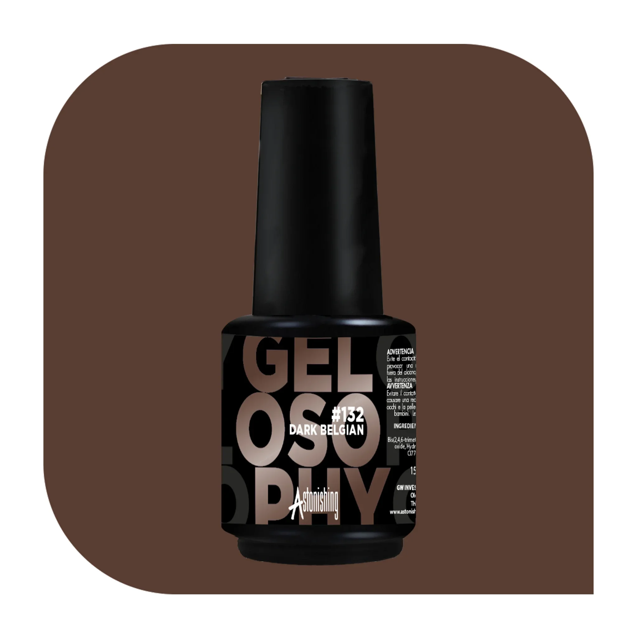Gelosophy #132 Dark Belgian rich brown soak off UV LED gel polish bottle