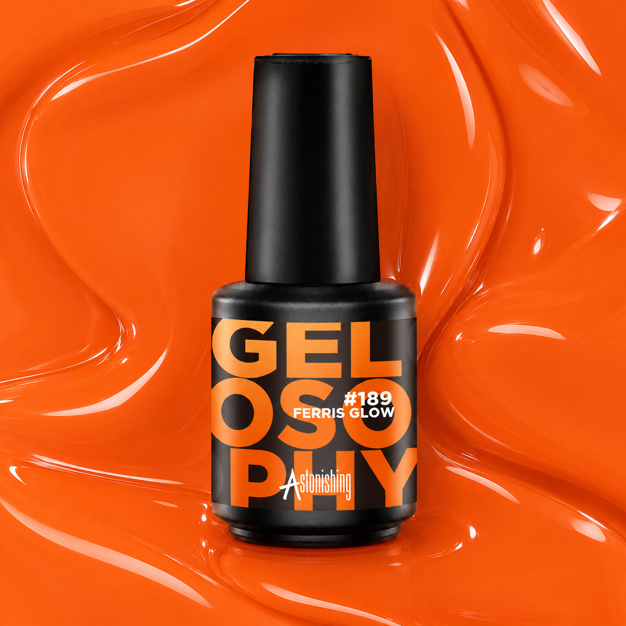 Astonishing Gel Polish #189 Ferris Glow neon bright gel nail polish bottle with glowing vibrant orange color on nails