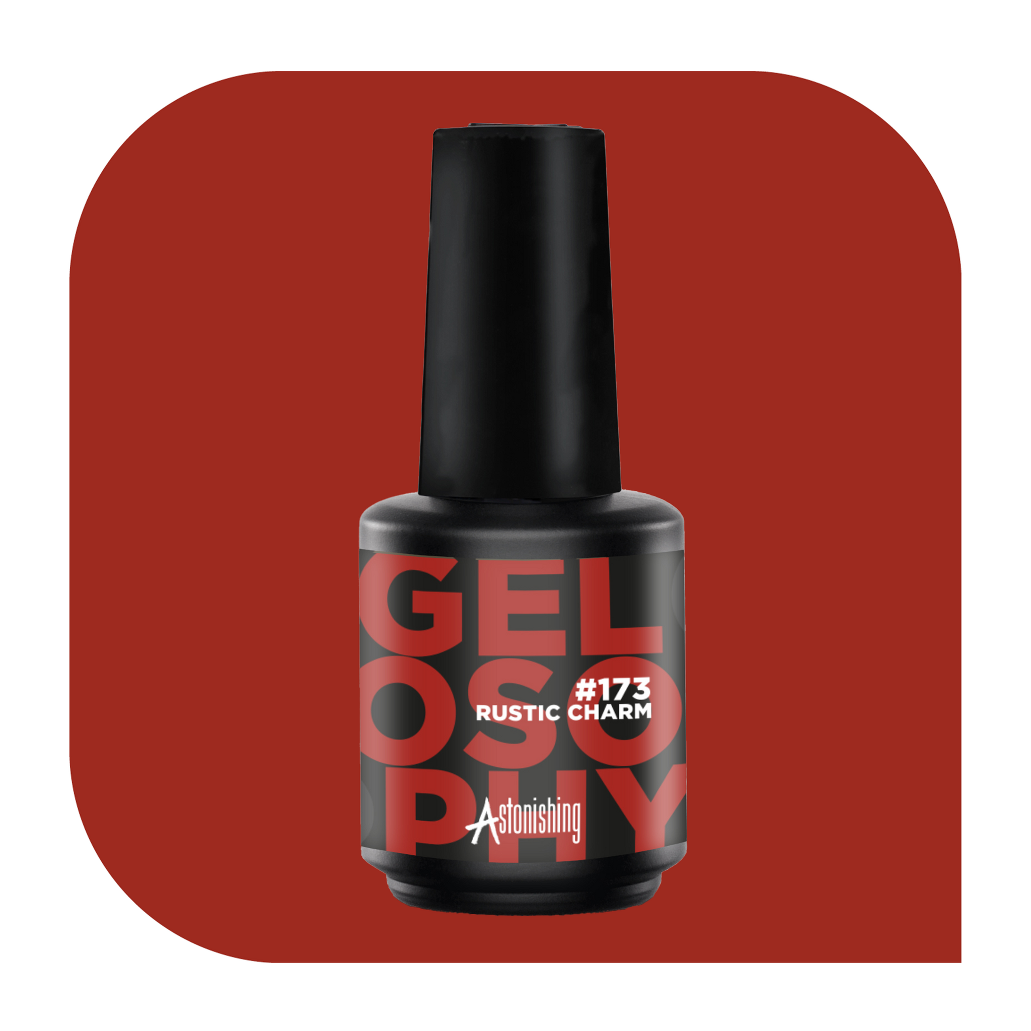 Gelosophy #173 Rustic Charm gel polish bottle on a deep rustic red background