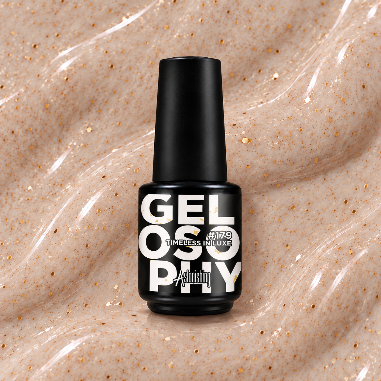 Gelosophy #179 Timeless in Luxe sheer nude gold glitter gel polish on almond nails, 24K Gold collection