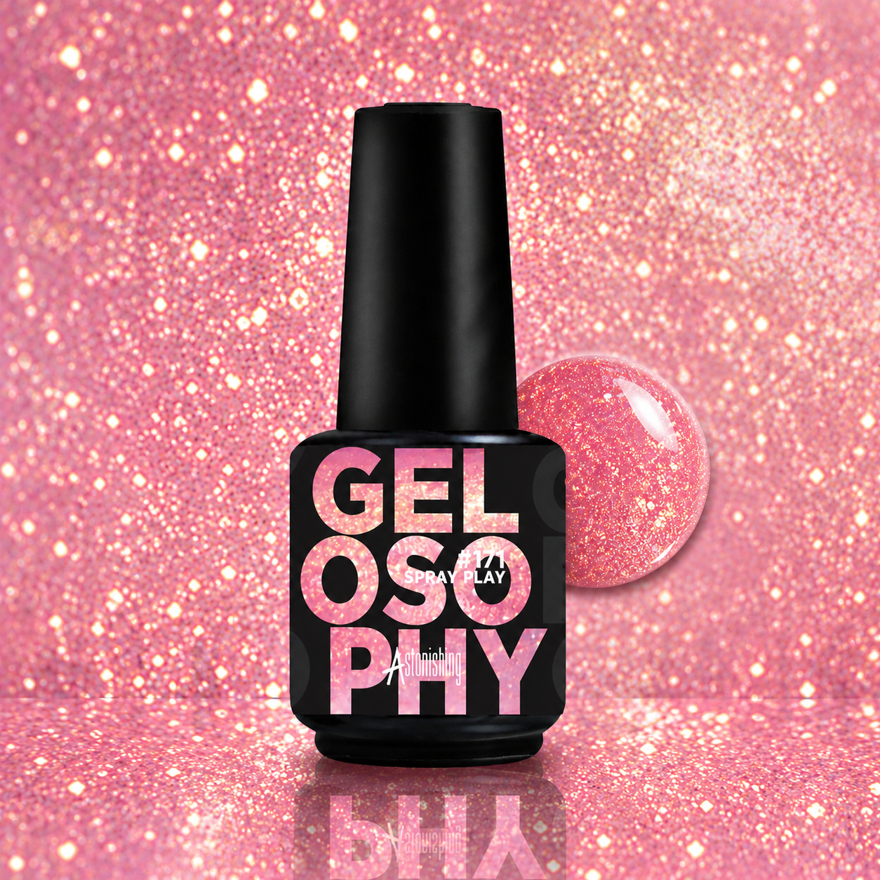 Gelosophy #171 Spray Play pink glitter gel polish on almond nails with bottle, NYC Urban Canvas collection