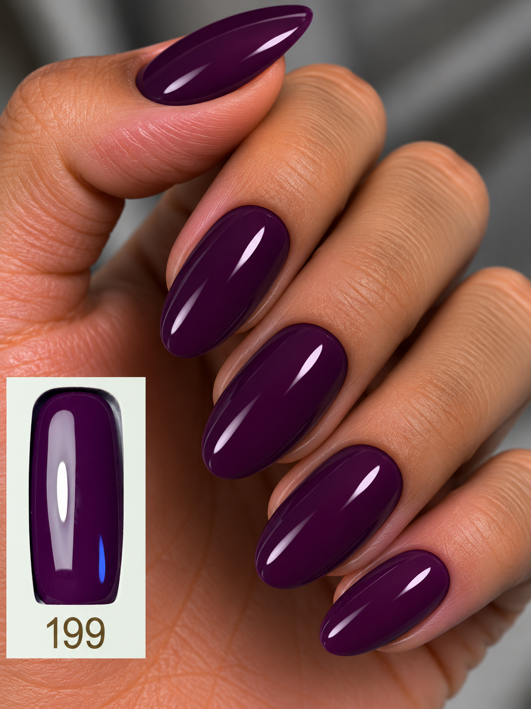 Gelosophy #199 404 Violet deep plum violet gel polish on almond nails