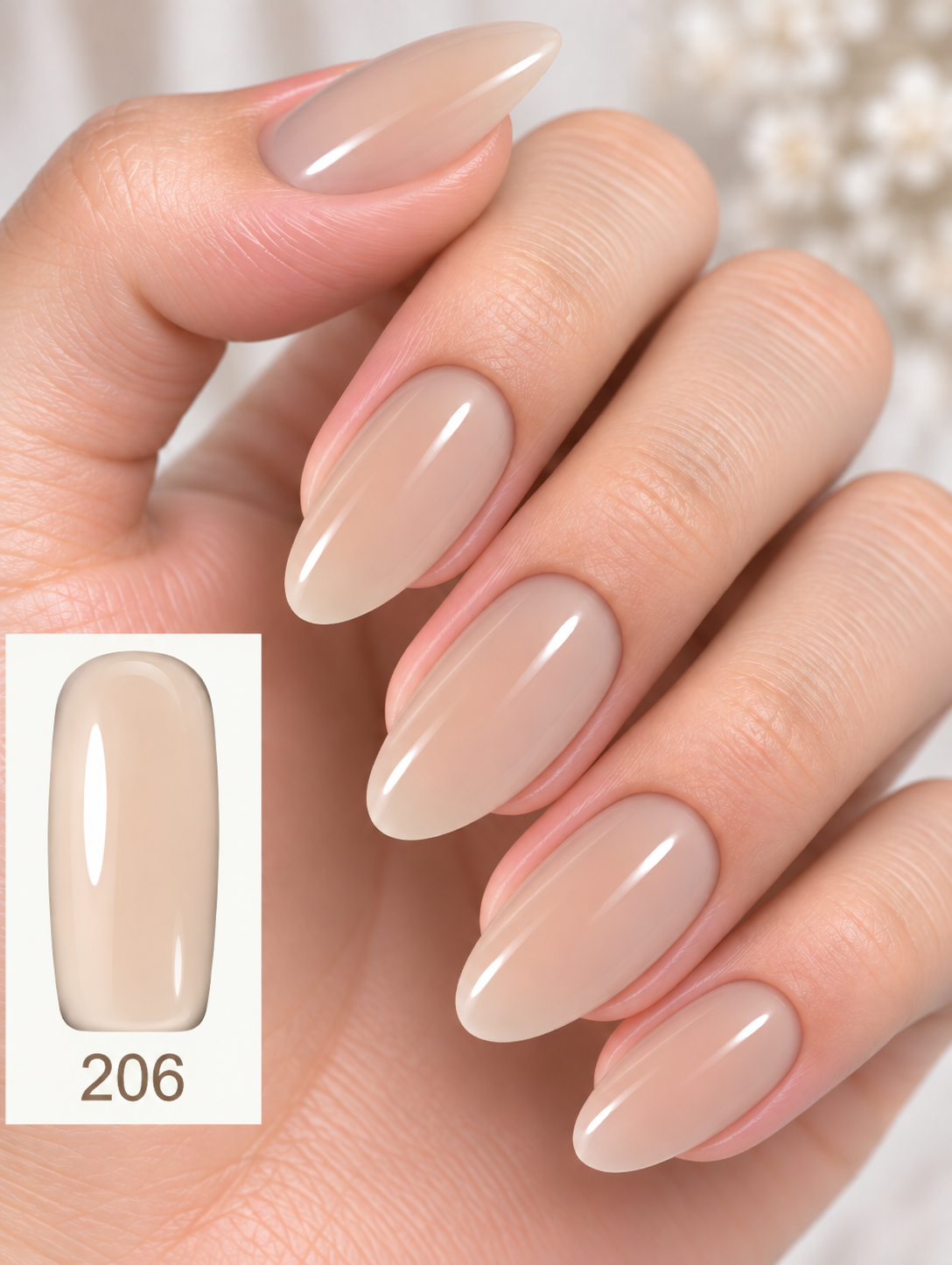 Gelosophy #206 Skin Refraction sheer nude beige gel polish on almond nails