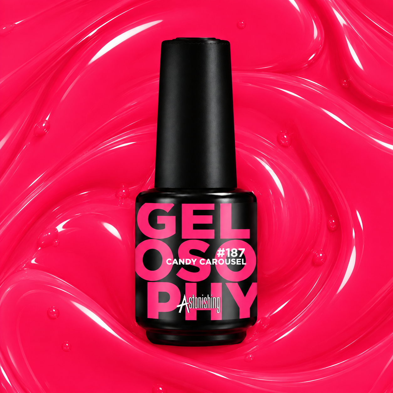 Gelosophy #187 Candy Carousel neon coral pink gel polish bottle on swirled gel texture