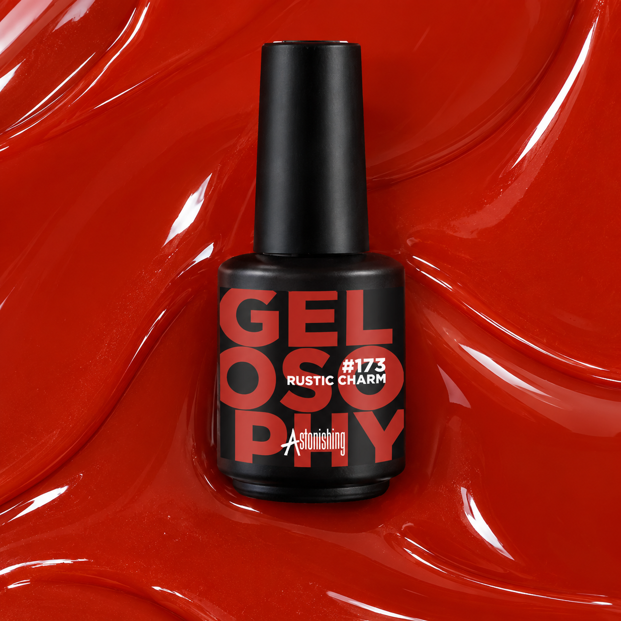 Gelosophy #173 Rustic Charm gel polish bottle on a deep rustic red background