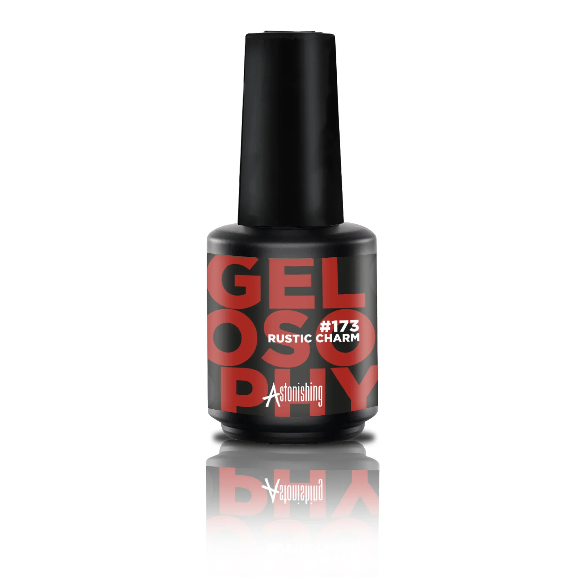 Gelosophy #173 Rustic Charm gel polish bottle on a deep rustic red dark red pumpkin