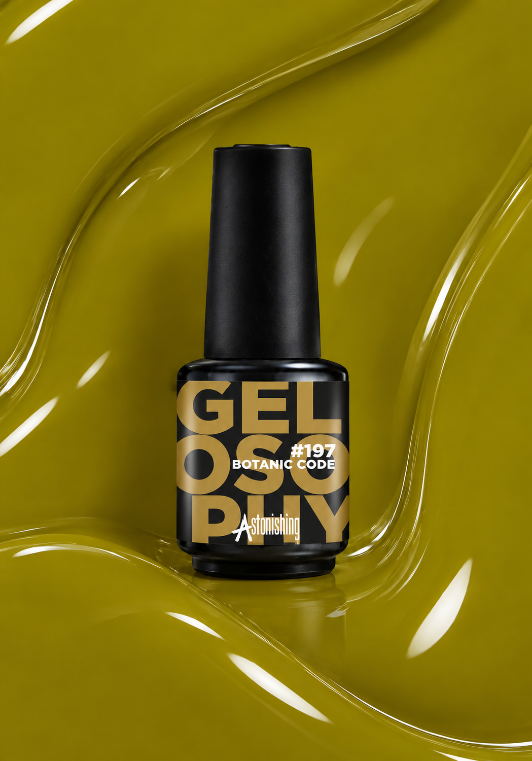 Gelosophy #197 Botanic Code bold khaki green gel polish bottle, Cyber Bloom collection