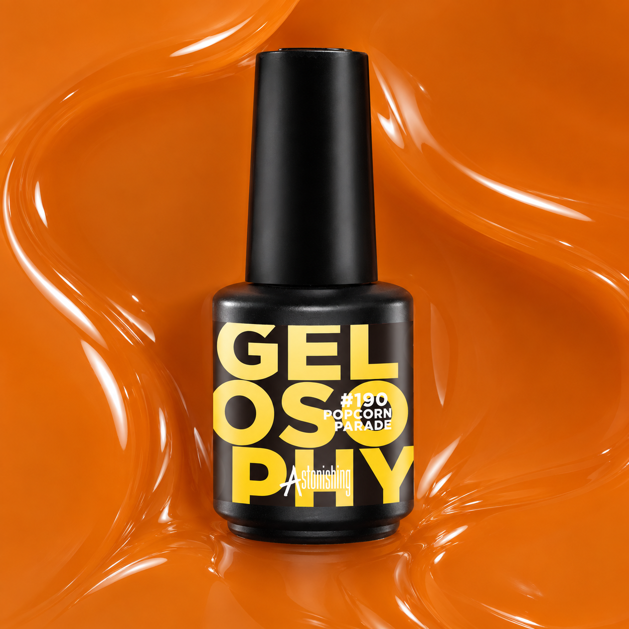 Gelosophy #190 Popcorn Parade amber orange gel polish bottle, Fanfair Fantasy collection