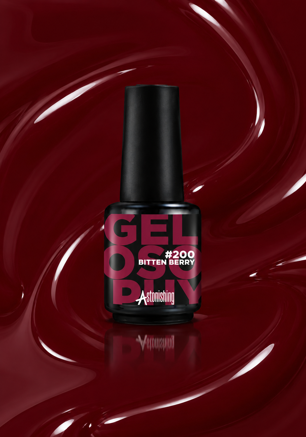 Gelosophy #200 Bitten Berry deep berry red gel polish bottle, Cyber Bloom collection