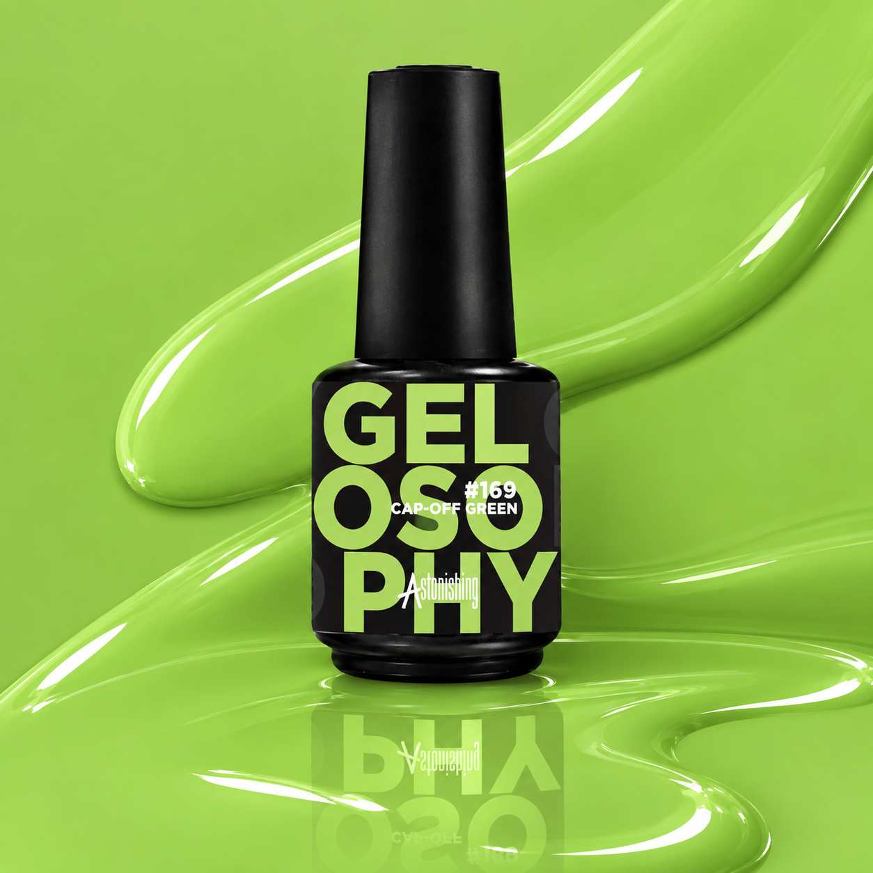 Cap-Off Green #169 neon lime green gel polish bottle with glossy liquid green background and reflective gel texture.