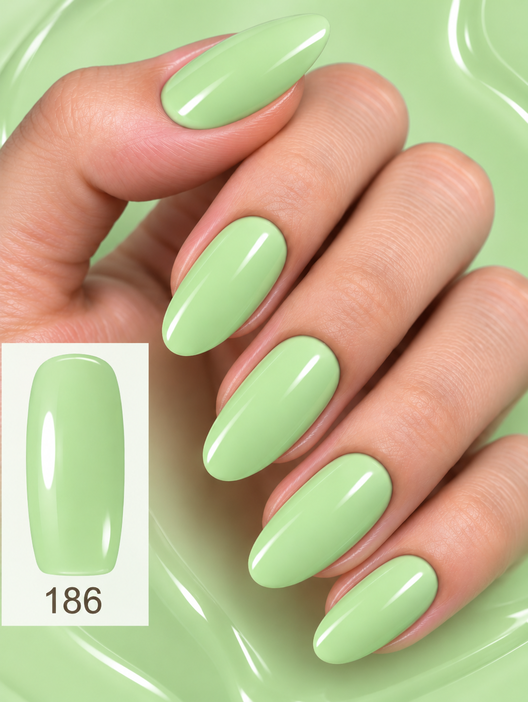 Close-up manicure featuring Gelosophy #186 Midori Komorobi, a fresh pastel mint green gel polish with a high-shine finish
