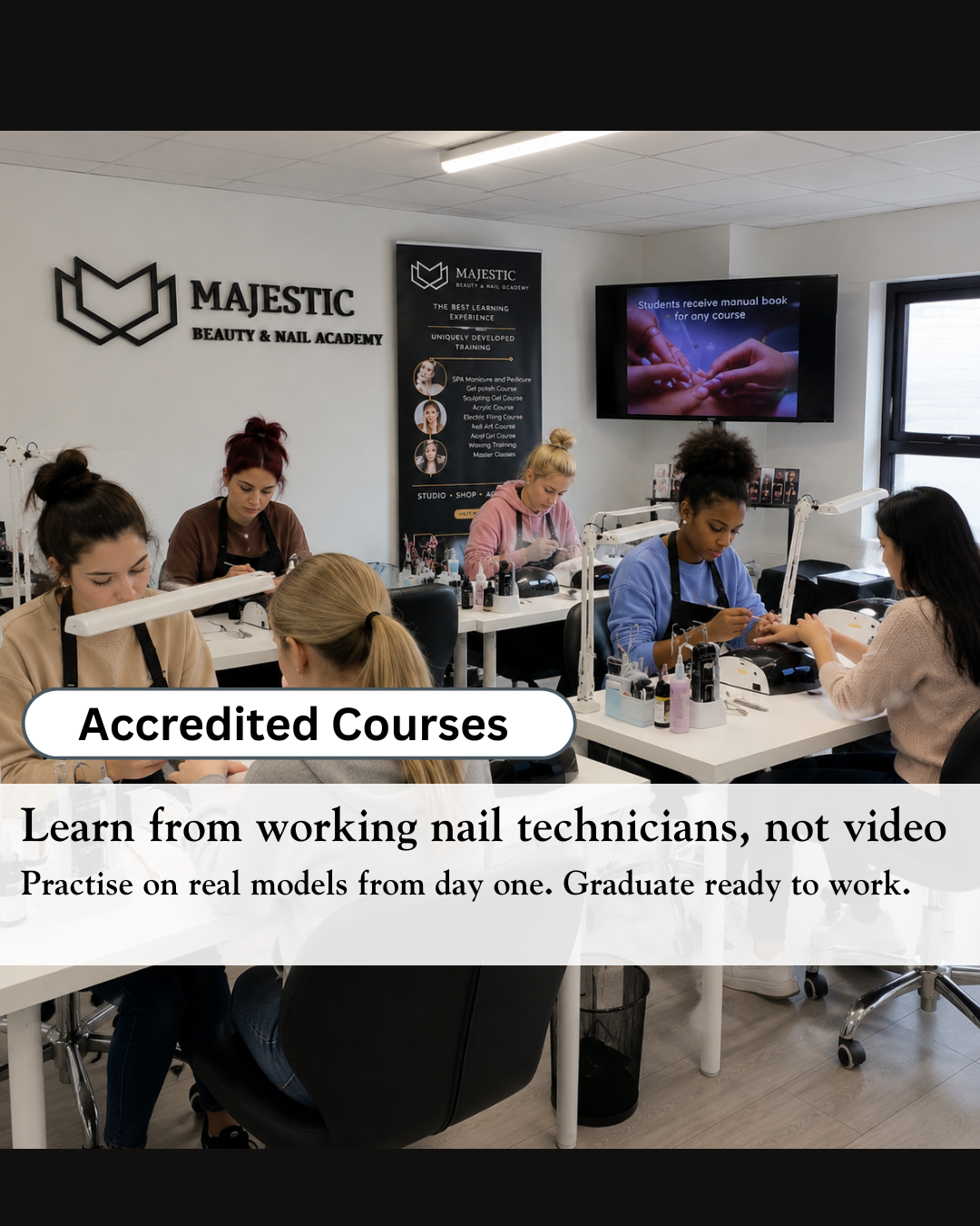 Students attending professional nail technician training at Majestic Beauty & Nail Academy.